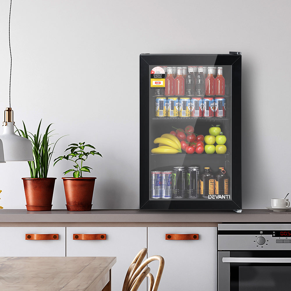 Devanti 70L Mini Bar Fridge with Glass Door and Interior Light - Compact Black Refrigerator for Home, Office, or Entertainment Room