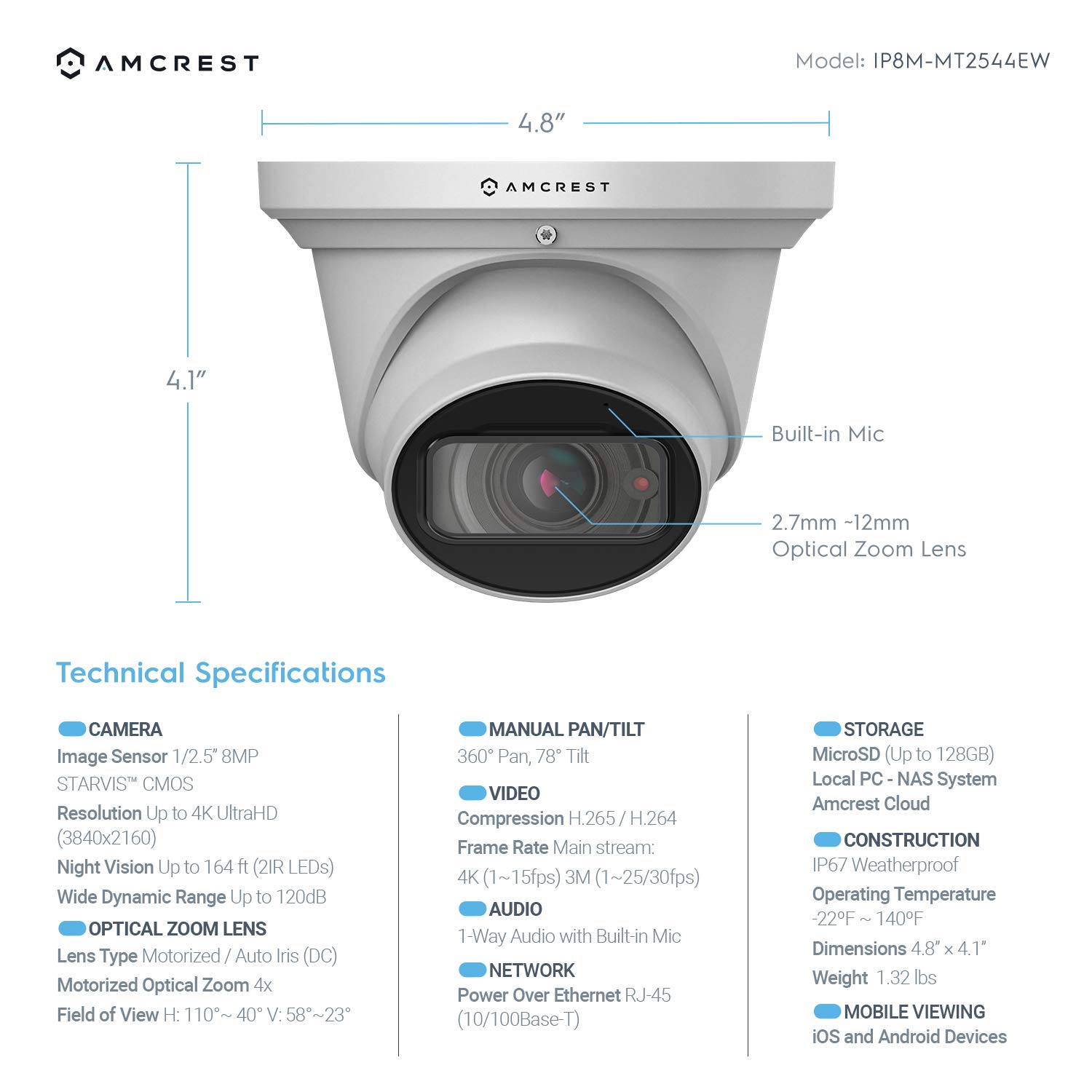 Amcrest 4K POE Security Camera with 4X Optical Zoom, 8MP Motorized Lens (2.7mm~12mm), IP67 IK10 Vandal Proof Dome Camera with Built-in Mic - Ideal for Home Security, Business Surveillance & Outdoor Monitoring (IP8M-MT2544EW Renewed)