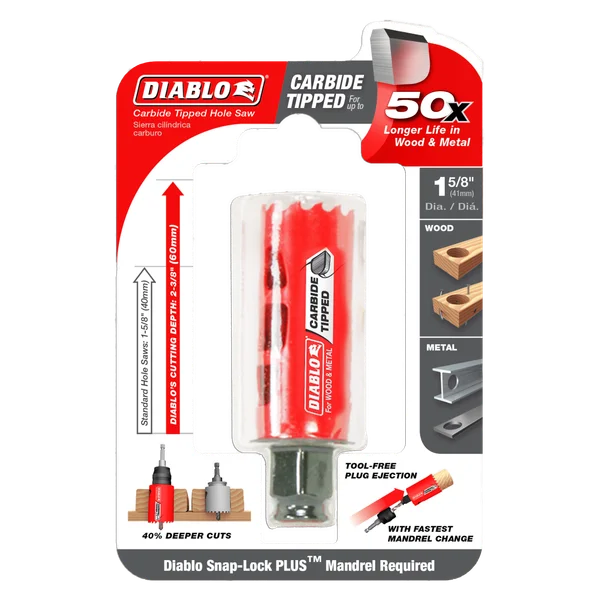 Diablo DHS1625CT 1-5/8 Inch Carbide Hole Saw - Premium Wood & Metal Cutting Tool for DIY Projects, Construction, and Plumbing Work