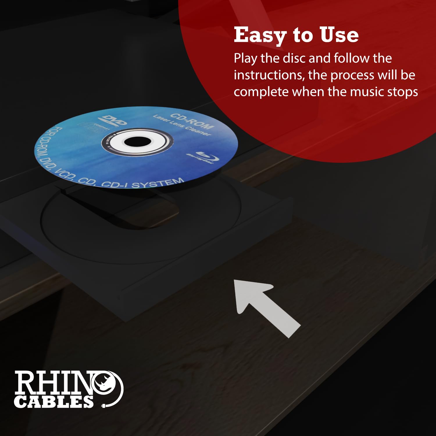 Rhinocables CD DVD Lens Cleaner Kit - Laser Cleaning Disc Set for Optical Drive Maintenance in CD, DVD & Blu-Ray Players (Model C1309) | Perfect for Home Theater Systems, Gaming Consoles & Car Stereos