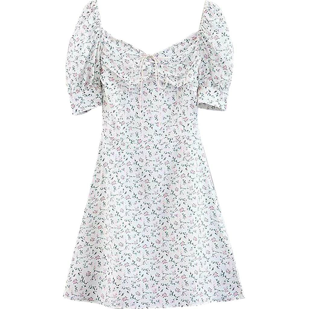 Elegant Women's Floral Print Chiffon Mini Dress with Tie Neck & Puff Sleeves - Summer Casual Sexy Dress in Purple/White (Size S) - Perfect for Beach Vacations, Date Nights & Summer Parties