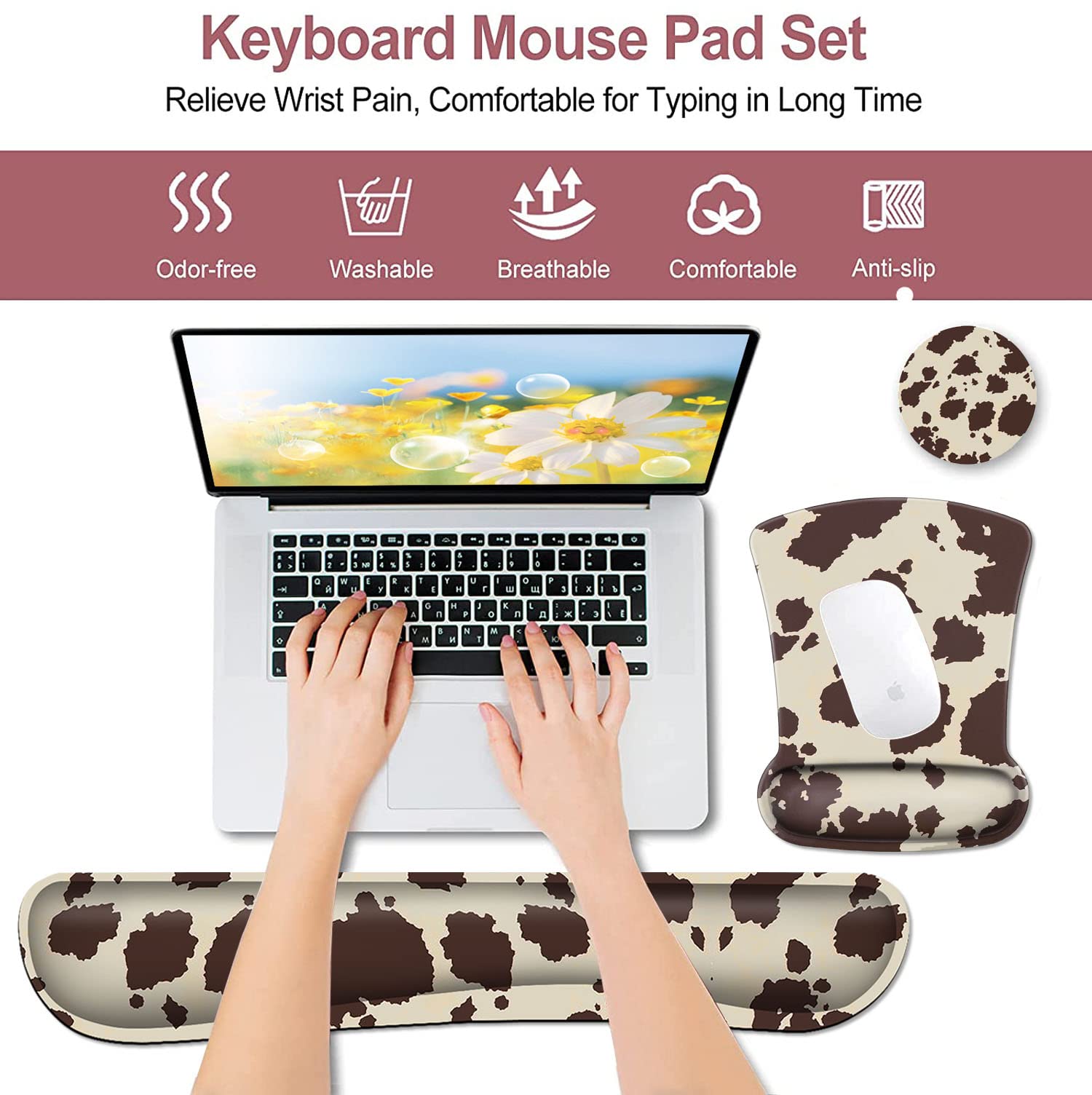 Ergonomic Keyboard Wrist Rest & Mouse Pad Set with Memory Foam - Cowhide Animal Design for Pain Relief & Comfort - Perfect for Office, Gaming & Long Computer Use