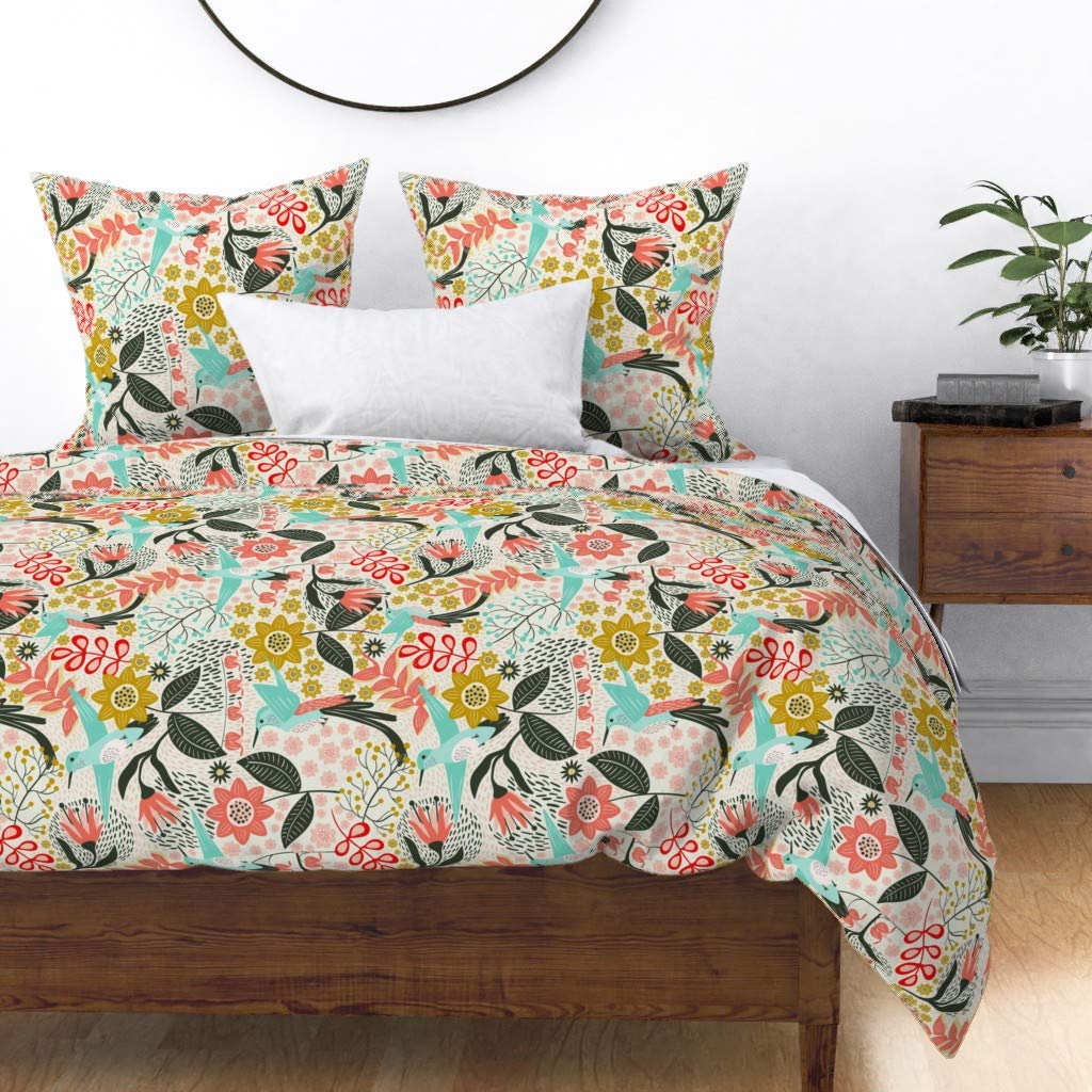 Premium Cotton Sateen Duvet Cover King/California King Size - Hummingbird Floral Print Bedding Set | Soft Luxury Duvet Cover for Master Bedroom & Guest Room Decor