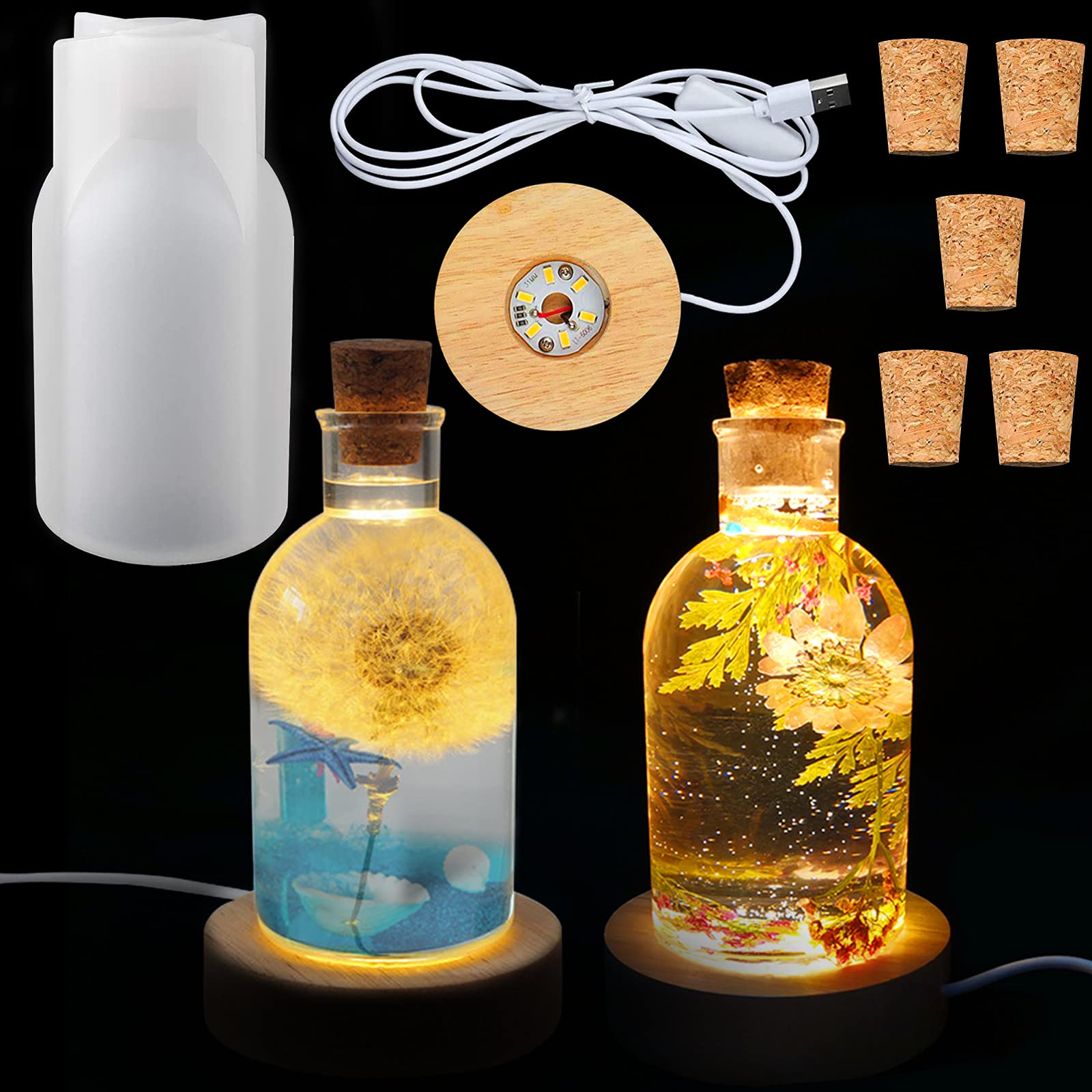 DIY Resin Lamp Shade Mold with USB Wooden Base & 5 Corks - LED Bottle Light Silicone Mould for Home Decor, Wedding, Party, Table Crafts - Perfect for DIY Projects, Gifts & Night Light Ambiance