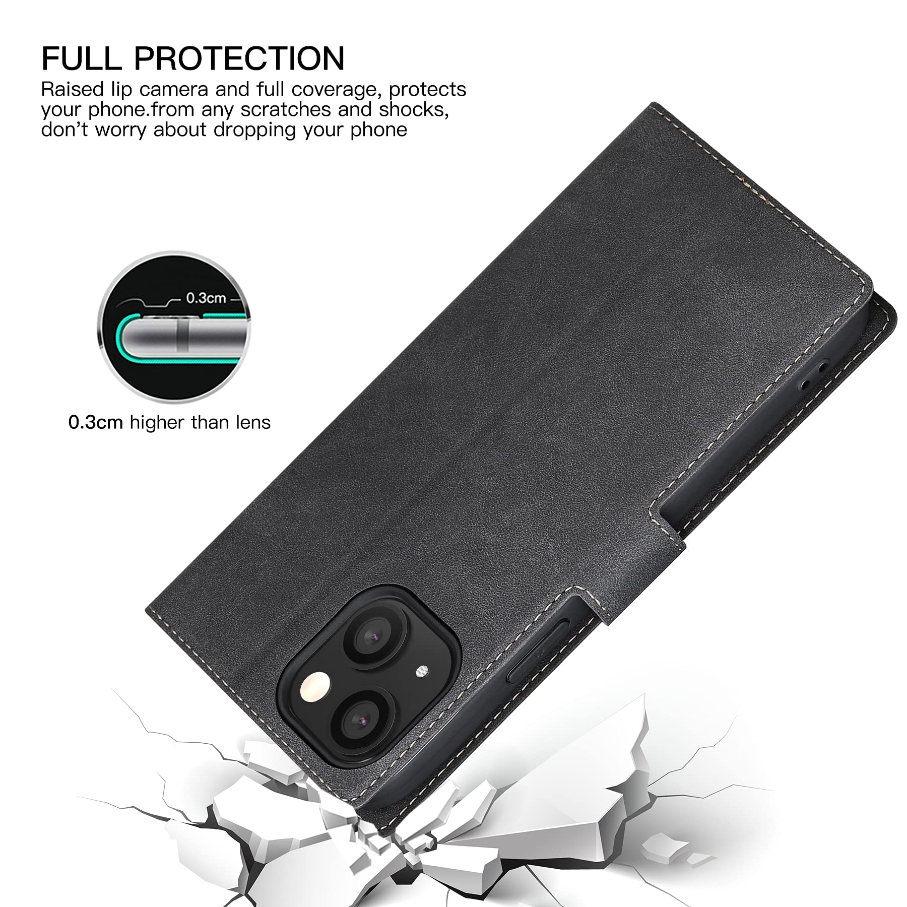 Feitenn iPhone 13 Case 6.1 Inch (2021) - Premium PU Leather Slim Folio Cover with Hard Plastic Bumper | Shockproof & Durable Protective Case for iPhone 13 | Perfect for Work, Travel & Everyday Use (Black)
