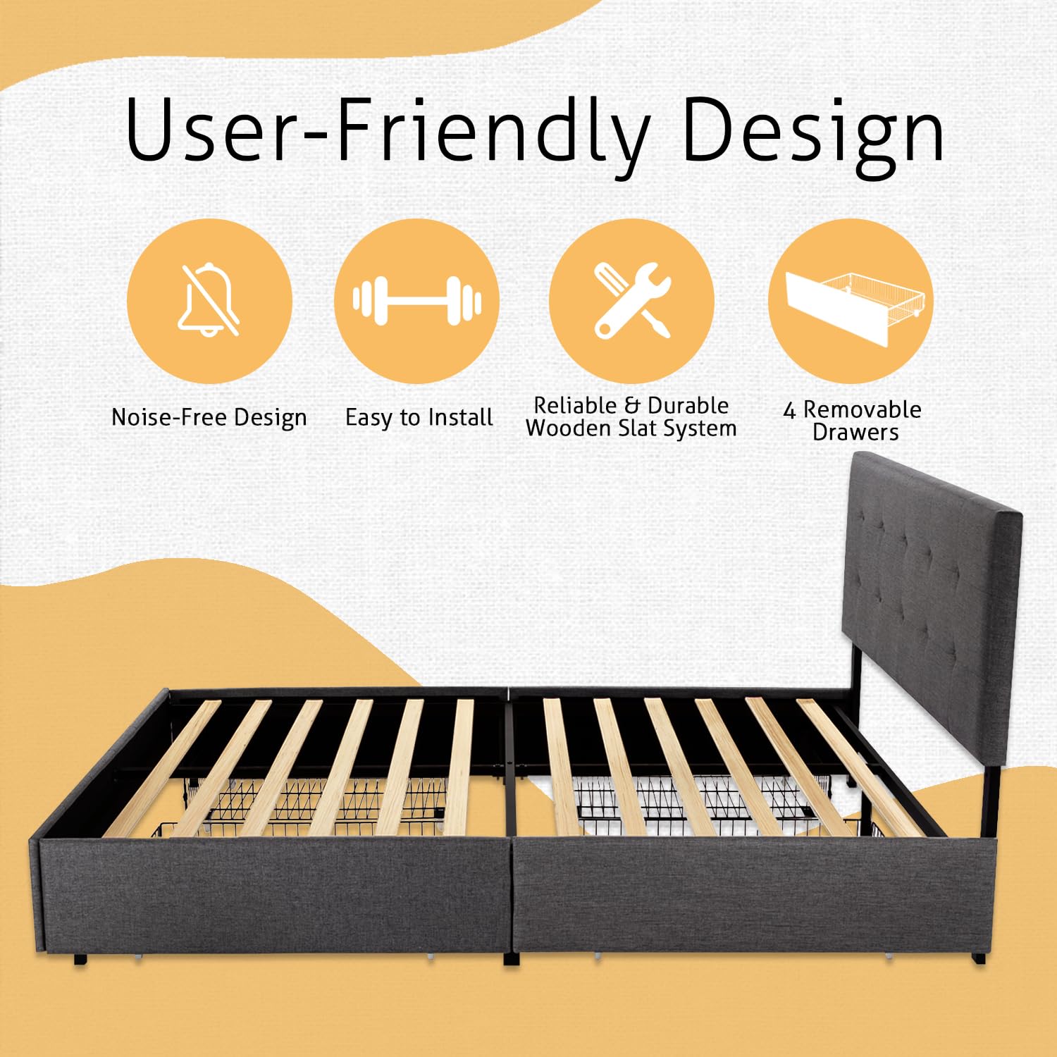 SHA CERLIN Upholstered King Size Platform Bed Frame with 4 Storage Drawers - Adjustable Headboard, Square Stitched Button Tufted Design, Wooden Slat Support, No Box Spring Needed, Dark Grey - Perfect for Master Bedroom, Guest Room & Small Space Storage Solutions