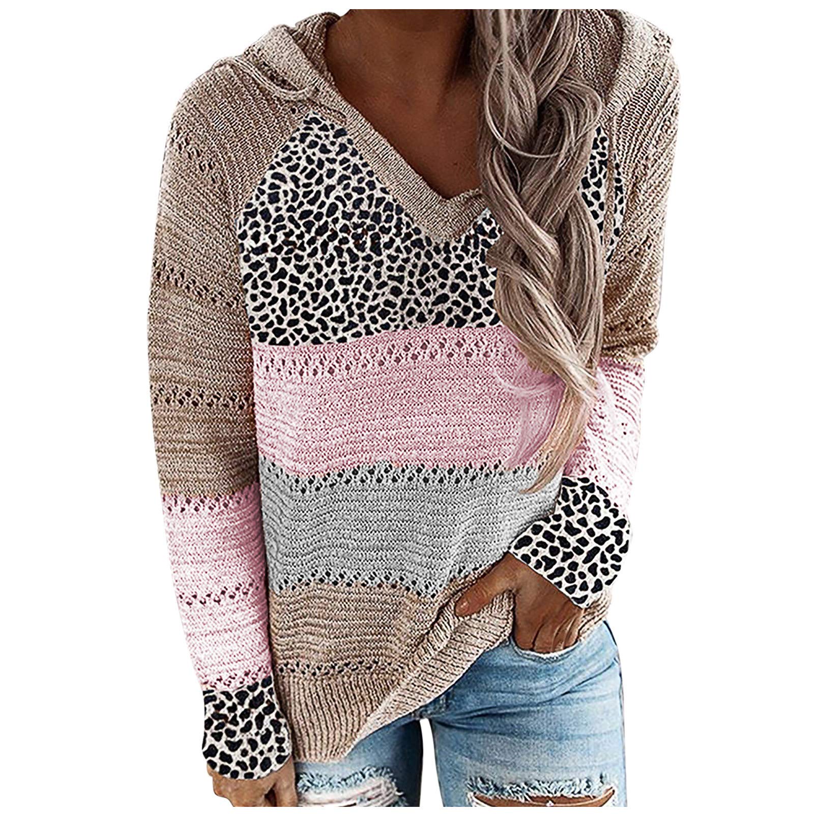 MKHSQHDG Women's Casual Striped Color Block Long Sleeve Hoodie Pullover Sweater - Wine Red Fall Fashion for Outdoor Activities, Travel & Lounge Wear
