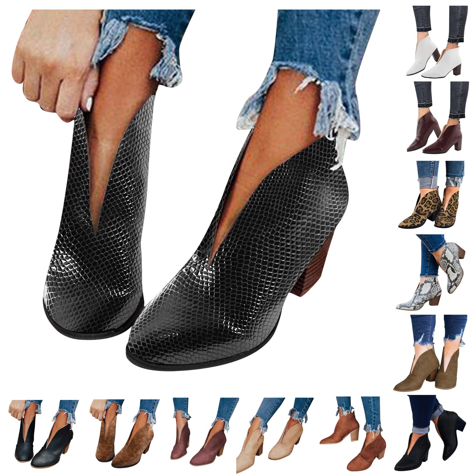 Yvelands Women's Cowboy Boots - Low Heel Wedge Ankle Boots with V-Cut Design, Chunky Stacked Heel for Autumn Fashion | Perfect for Casual Outings, Country Events & Western Style Dressing