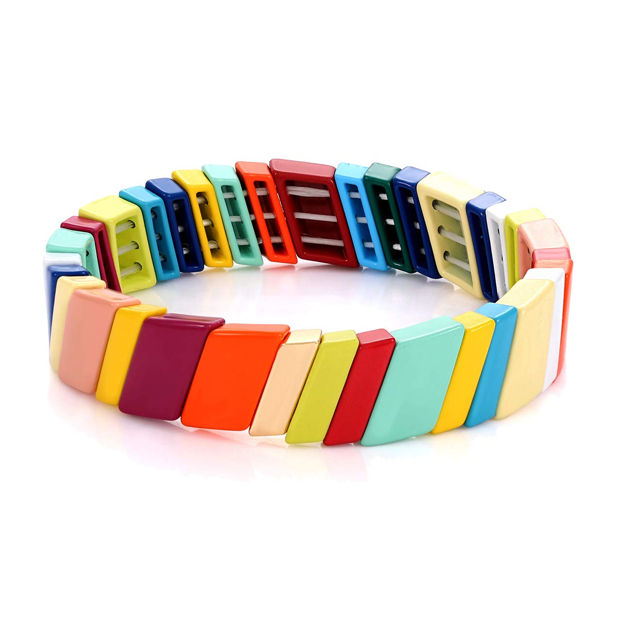 Rainbow Enamel Tile Stretch Bracelet for Women & Girls - Bohemian Stackable Color Block Bangle, Handmade Elastic Beaded Bracelet - Perfect for Layering, Gift Giving, and Boho Fashion Accessories