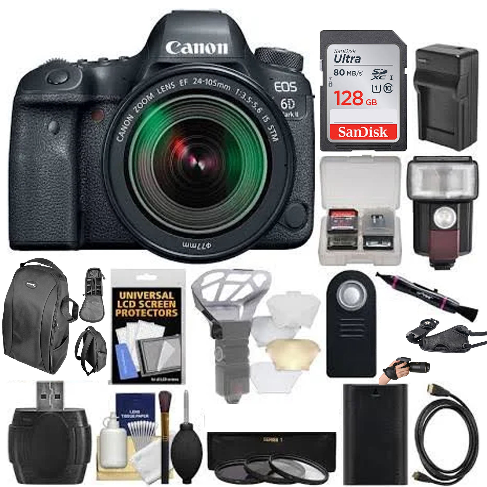 Canon EOS 6D Mark II DSLR Camera with 24-105mm f/3.5-5.6 Lens Kit - 128GB Card, Backpack, Flash, Diffuser, Battery & Charger, Filters - Perfect for Professional Photography, Travel & Outdoor Shooting