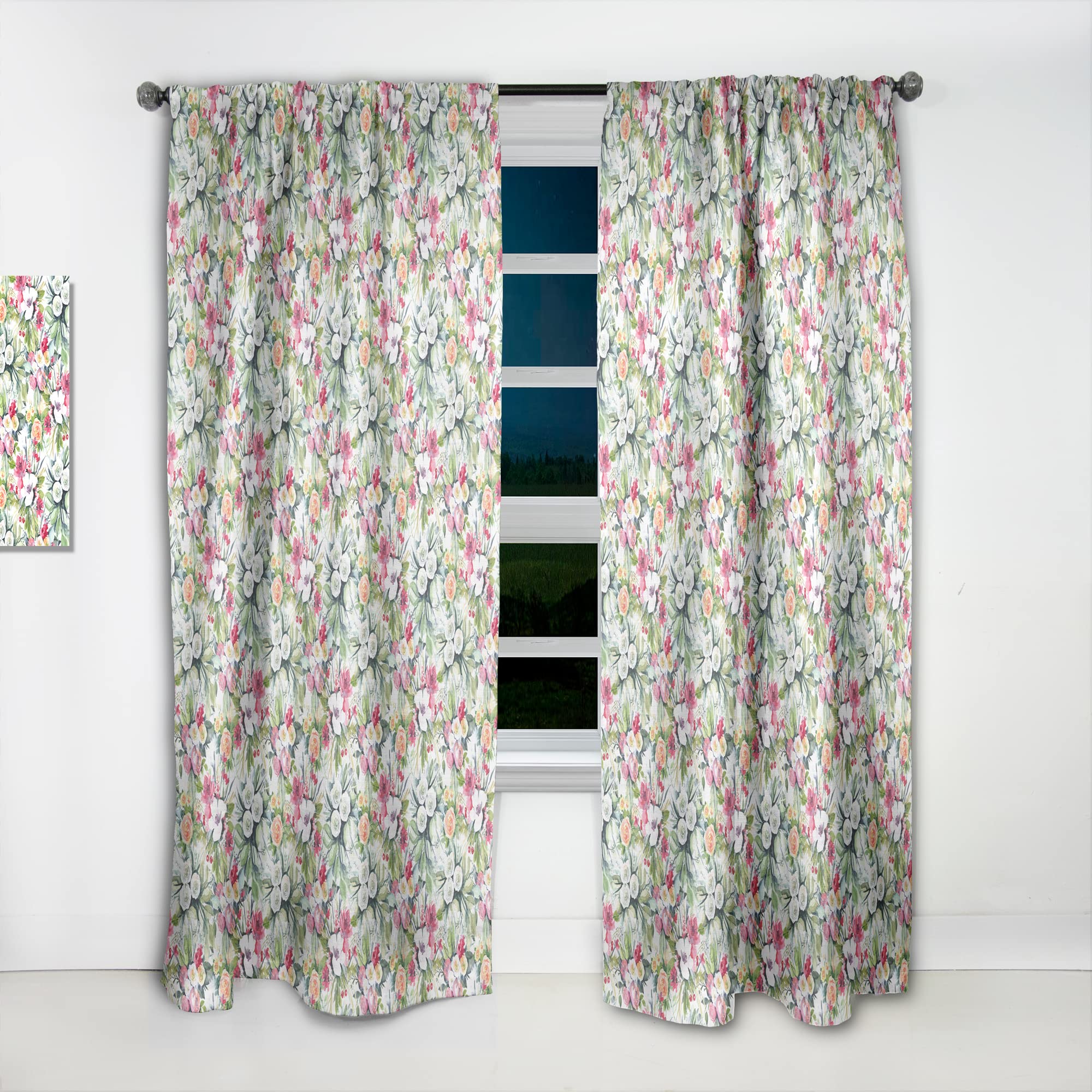 Thermal Insulated Floral Curtains - Mint Bouquet with White Red Yellow Flowers - 52x84 Single Panel for Bedroom & Living Room - Perfect for Home Decor & Light Control