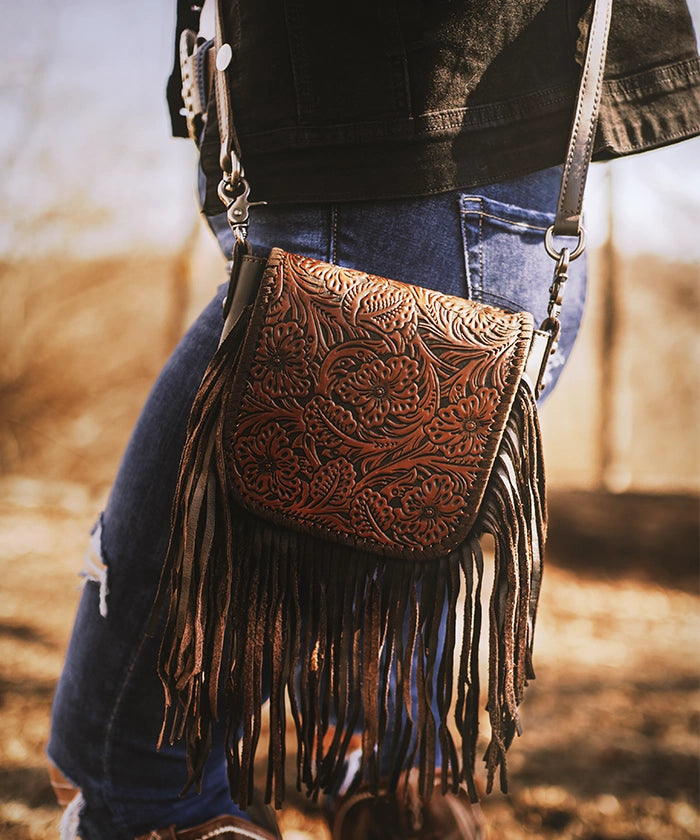 Montana West Genuine Leather Floral Fringe Crossbody Bag for Women - Stylish Boho Shoulder Purse with Adjustable Strap, Perfect for Daily Use, Travel & Festivals