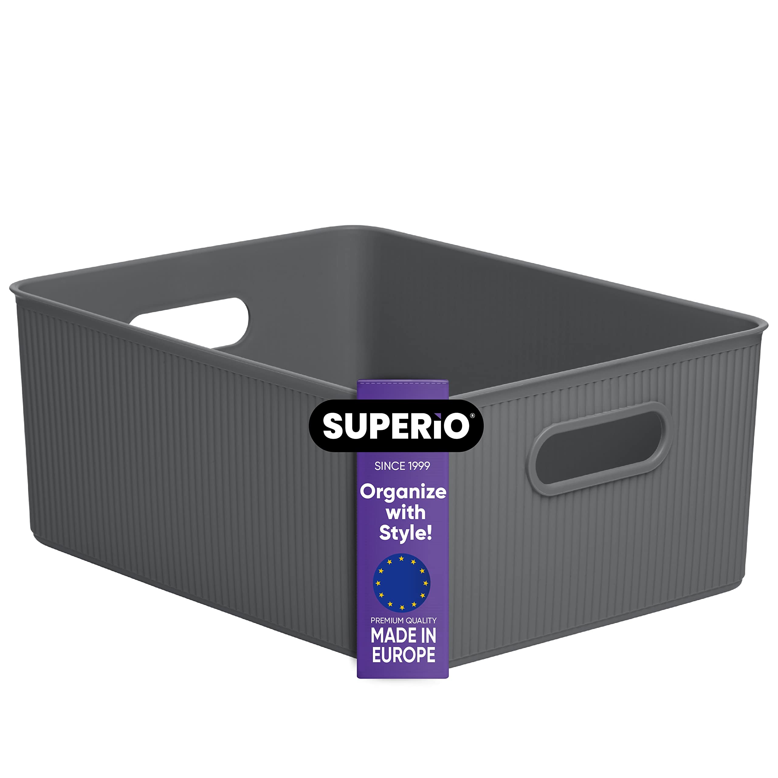 Superior Ribbed Plastic Storage Bins - 15 Liter/16 Quart Grey Organizer Baskets (1 Pack) for Home, Closet, Shelves & Drawer Organization - Perfect for Bedroom, Bathroom & Office Storage Solutions