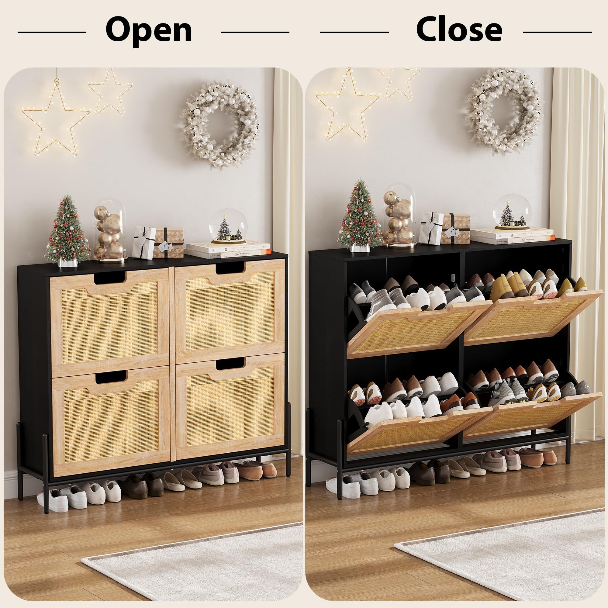 IDEALHOUSE Natural Rattan 4-Door Flip Shoe Cabinet Organizer - Freestanding Modern Shoe Rack with 3 Adjustable Shelves for Entryway, Closet, Hallway - Perfect for Small Spaces & Home Organization