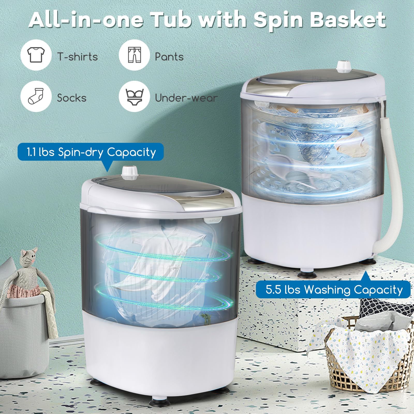 COSTWAY 5.5 lbs Mini Portable Washing Machine | Compact Single Tub Laundry Washer with Rotary Control | Perfect for Apartments, Dorms, RVs & Small Spaces | Grey | Ideal for Travel, Camping & Limited Living Areas