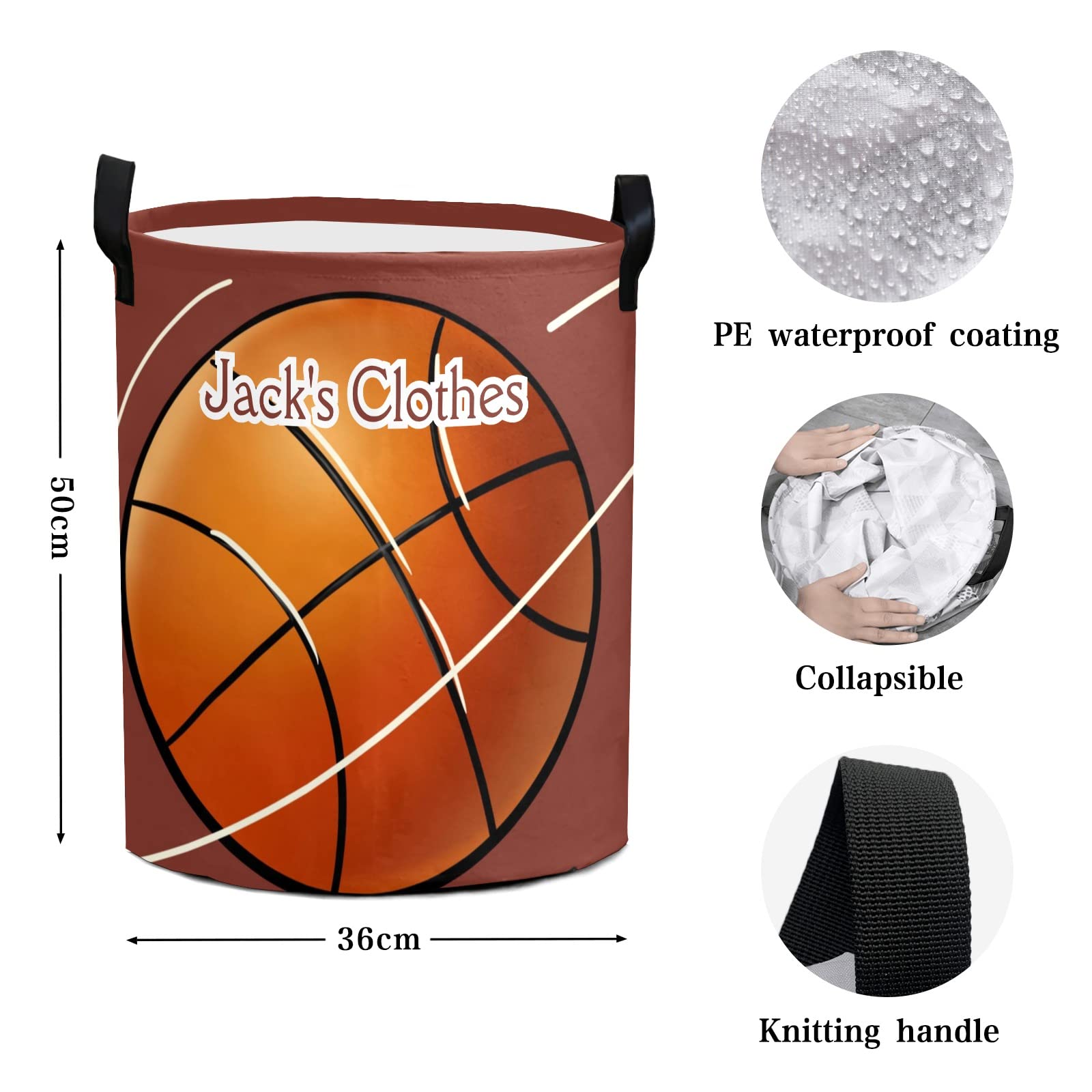 Personalized Basketball Laundry Hamper - Custom Waterproof Collapsible Drawstring Storage Bin with Handle for Clothes & Toys (50cm x 36cm) - Perfect for Kids' Rooms, Dorm Organization & Sports Themed Decor