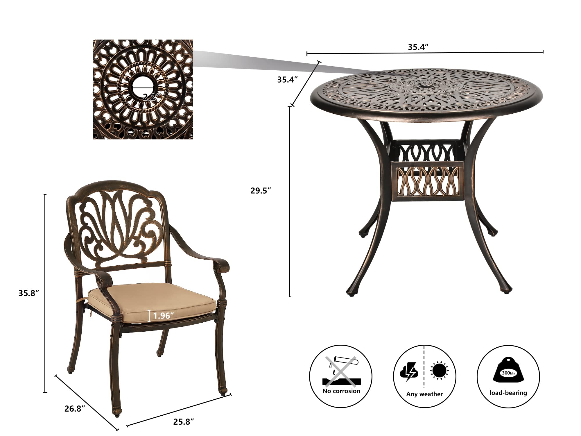 Grepatio 5-Piece Outdoor Dining Set - Durable Cast Aluminum Patio Furniture with 4 Chairs & Umbrella Hole Table - Perfect for Garden, Lawn, Backyard, Poolside & Outdoor Entertaining (Khaki)