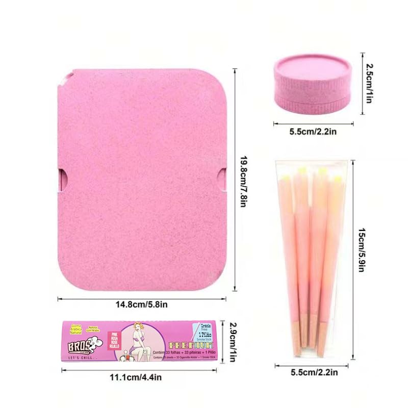 Biodegradable Rolling Tray with Lid & King Size Grinder - Premium Smoking Kit with Rolling Papers | Perfect Gift for Smokers (Pink) - Ideal for Home Use, Travel & Outdoor Activities