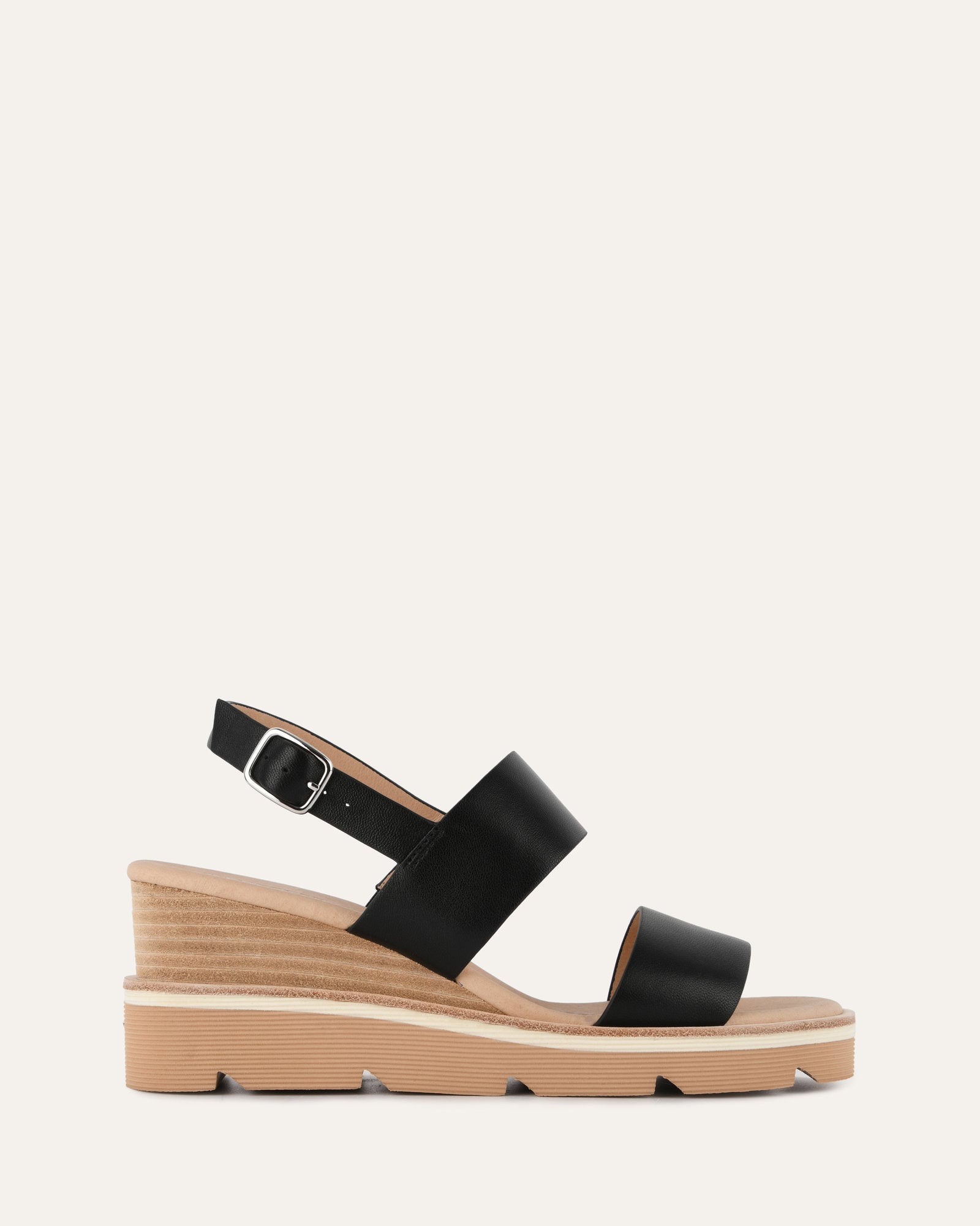 KINNEY Women's Black Leather Wedge Sandals - Comfortable & Stylish for Summer, Beach, and Casual Outings