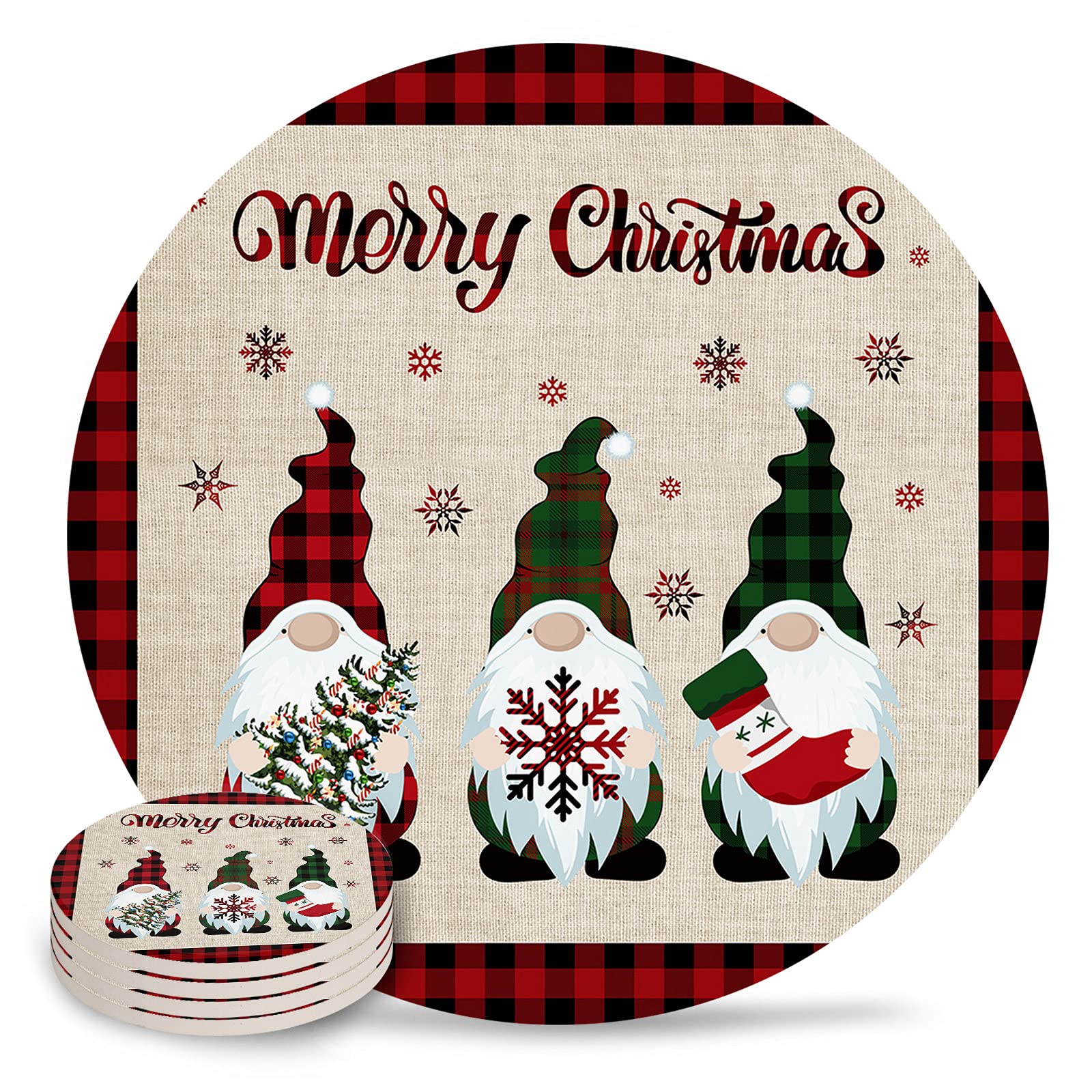 Absorbent Ceramic Coasters Set of 4 - Retro Buffalo Check Christmas Coasters with Cork Base - Red and Green Snowflake Design - Perfect for Holiday Decor, Kitchen Table, Dining Room & Gnome-Themed Parties