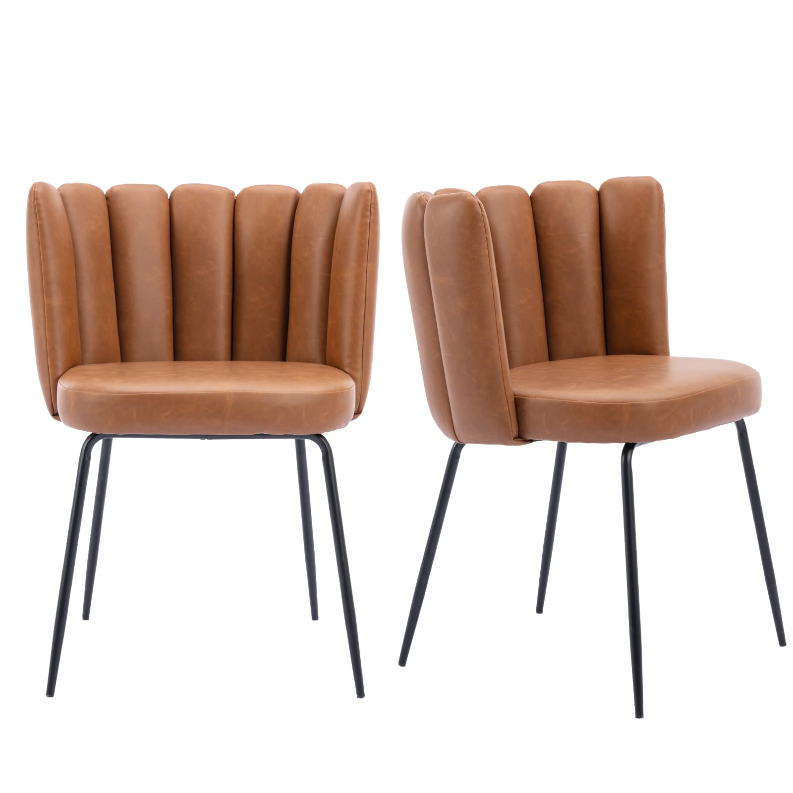 2 Pack Faux Leather Dining Chairs Set - Modern Accent Chairs with Petal Back Design & Sturdy Black Metal Legs, Comfortable Upholstered Side Chairs for Kitchen, Living Room, Restaurant or Office - Brown Leather-Like Seating Solution for Home & Commercial Spaces