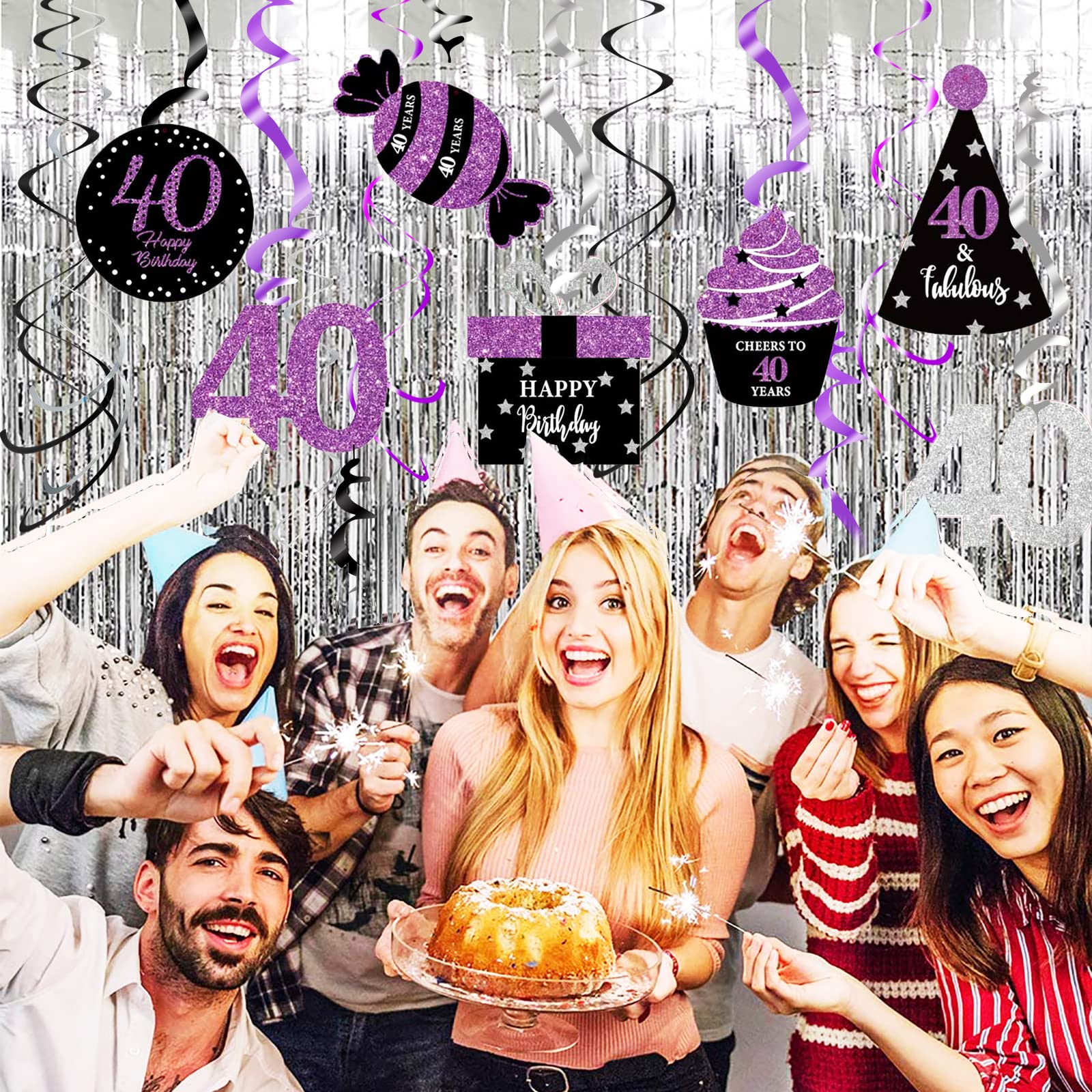 40th Birthday Party Decorations for Women - Purple, Black & Silver Foil Hanging Swirls - Perfect for 40th Birthday Celebrations, Milestone Parties & Women's Birthday Decor