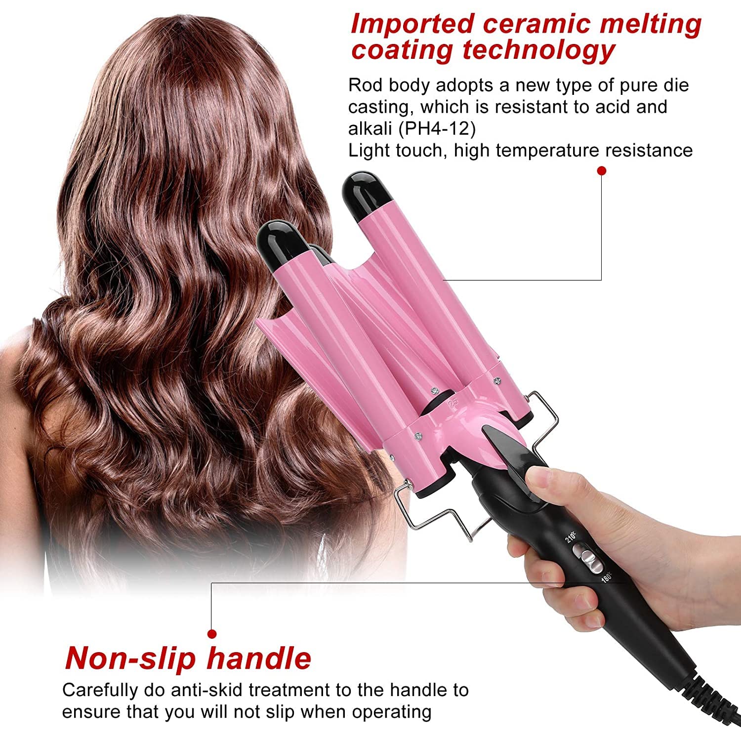Professional Pink Hair Curling Iron Wand - Easy to Use Hair Crimper for Styling, Perfect for Parties, Dates & Special Occasions