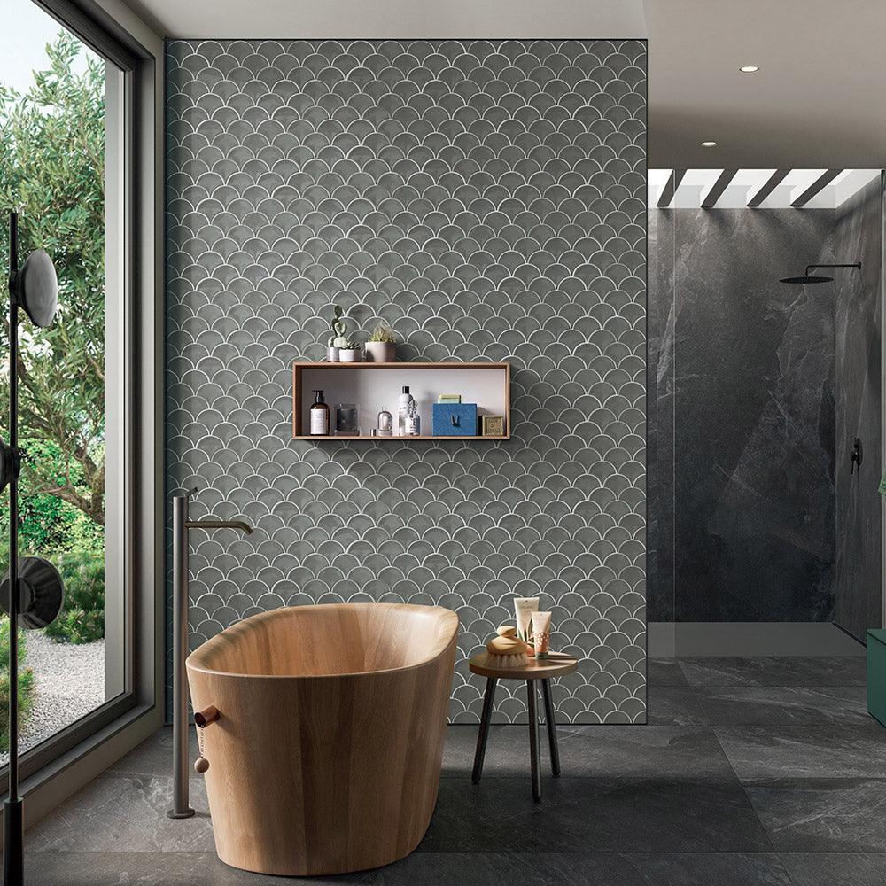 Premium Marina Dark Grey Fish Scale Glossy Mosaic Tile - Perfect for Bathroom Backsplash, Kitchen Accent Wall & Poolside Decor