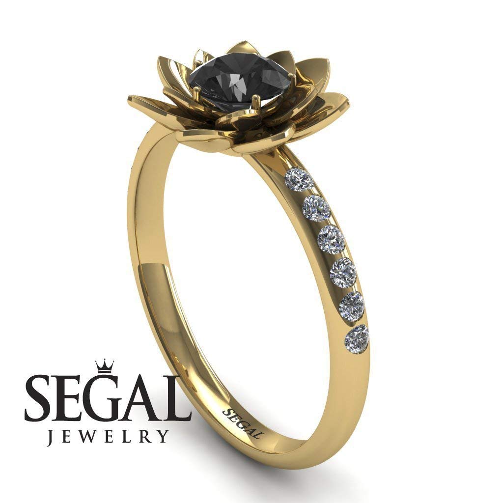 14K Yellow Gold Lotus Flower Engagement Ring with Black & White Diamonds - Elegant Wedding Band for Proposals, Anniversaries & Special Occasions