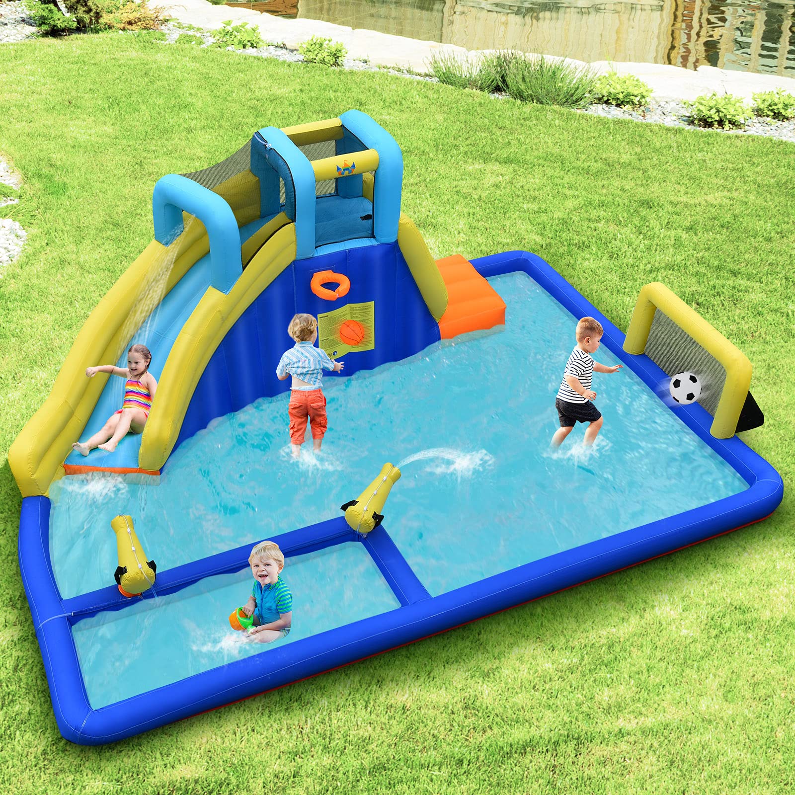 **HONEY JOY Inflatable Water Slide for Kids & Adults - Giant Bounce House with Splash Pool, Soccer Goals & Climbing Wall - Outdoor Water Park Blow Up Slide for Backyard Fun (Includes 735W Blower) - Perfect for Summer Parties, Birthday Celebrations & Family Gatherings**