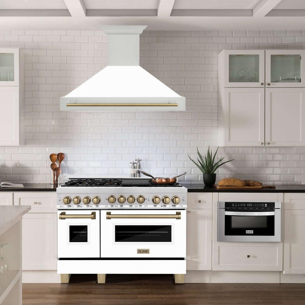 ZLINE Autograph Edition 48 Inch Stainless Steel Range Hood - White Matte Shell with Accent Handle (8654STZ WM48) | Professional Kitchen Ventilation for Modern Homes