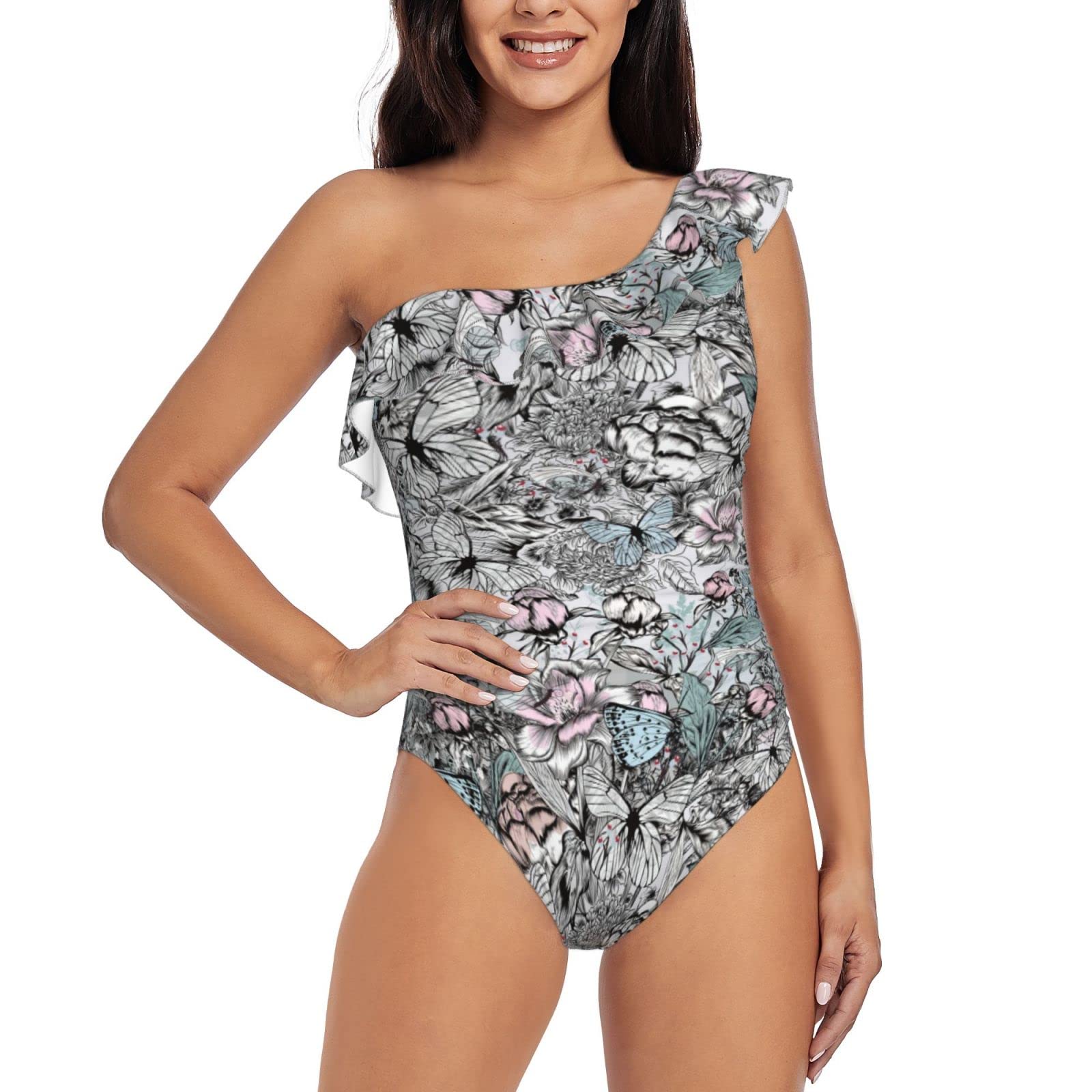 **Women's One Shoulder Asymmetric Ruffle One Piece Swimsuits - Floral Print Bathing Suit for Beach, Pool & Vacation**