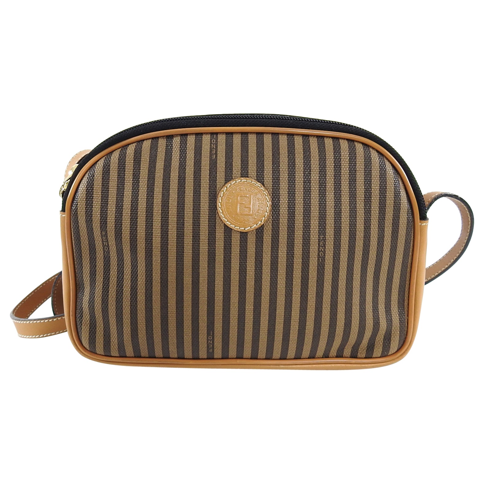 Fendi Vintage 1990s Tan Stripe Coated Canvas Crossbody Bag for Women | Retro Shoulder Purse | Fashionable Everyday Handbag for Work, Travel and Date Night