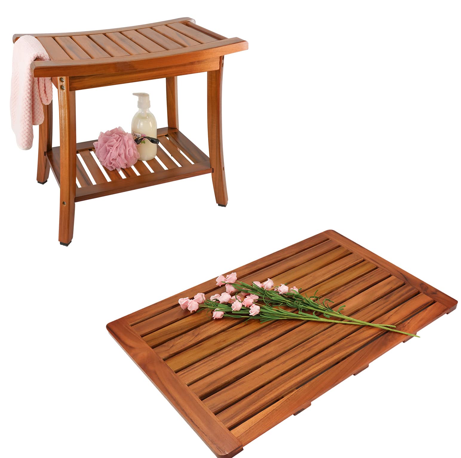 Premium Teak Shower Bench Seat with Large Bath Mat - Spa Quality Portable Bath Stool for Indoor & Outdoor Use - Perfect for Bathroom, Sauna, Poolside & Relaxation
