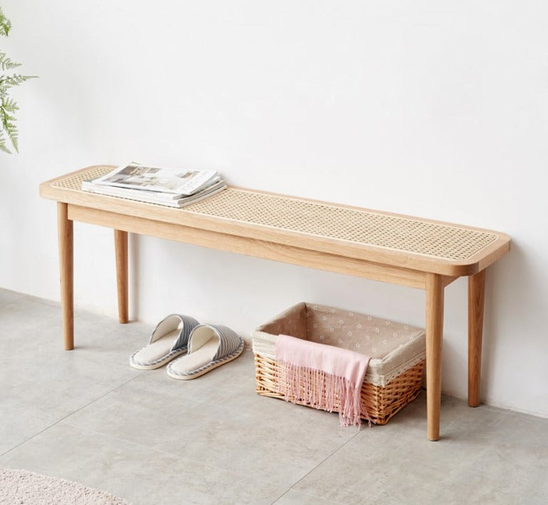 Solid Oak Wood Rattan Bench - Rustic Entryway, Patio, or Garden Seating - Handwoven Wicker Design for Indoor and Outdoor Use