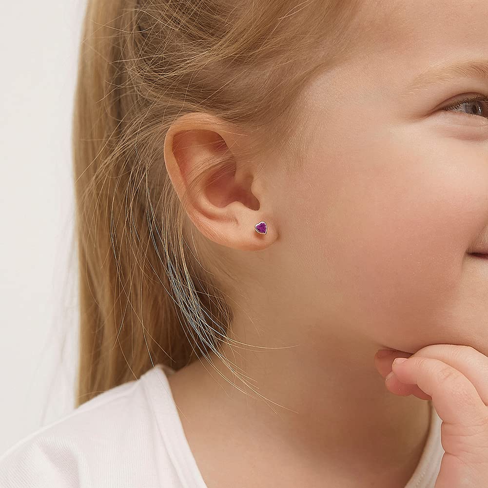 14K Yellow Gold 4mm Bezel Set Heart Cubic Zirconia Screw Back Earrings for Baby Girls, Toddlers & Young Kids - Cute Heart Stud Earrings with Secure Locking Backs - Perfect for Birthdays, Christenings & First Piercing Gifts