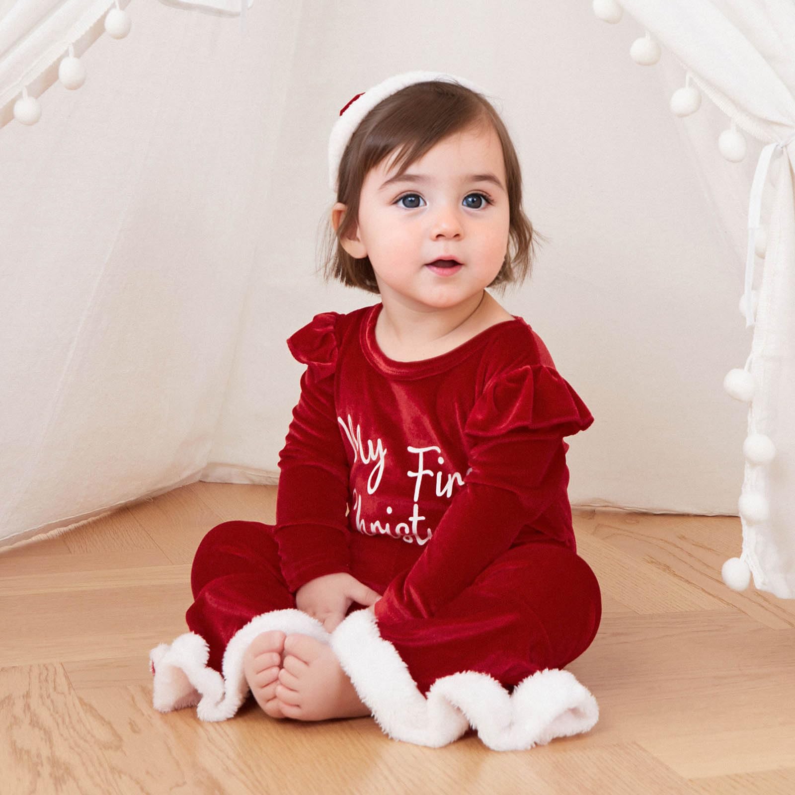 Adorable Toddler Baby Girl Christmas Outfits - Letter Print Ruffle Long Sleeve Romper & Flare Pants Set | Newborn Fall Winter Clothes | Holiday Party & Family Photo Outfits