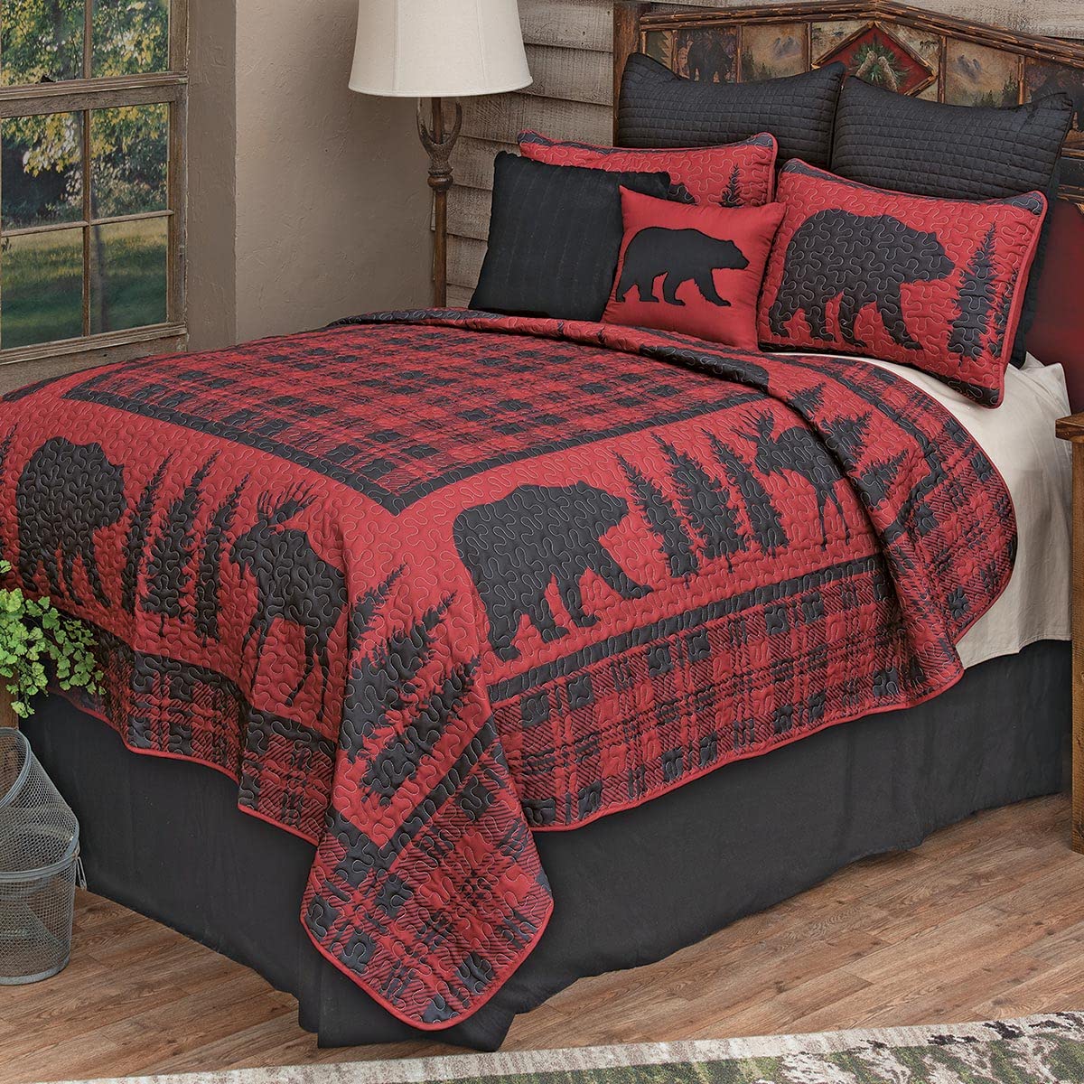 BLACK FOREST DECOR Woodland Bear & Moose Plaid Quilt Set - Queen Size, Cozy Cabin Bedding for Rustic Lodge & Hunting Cabin Decor