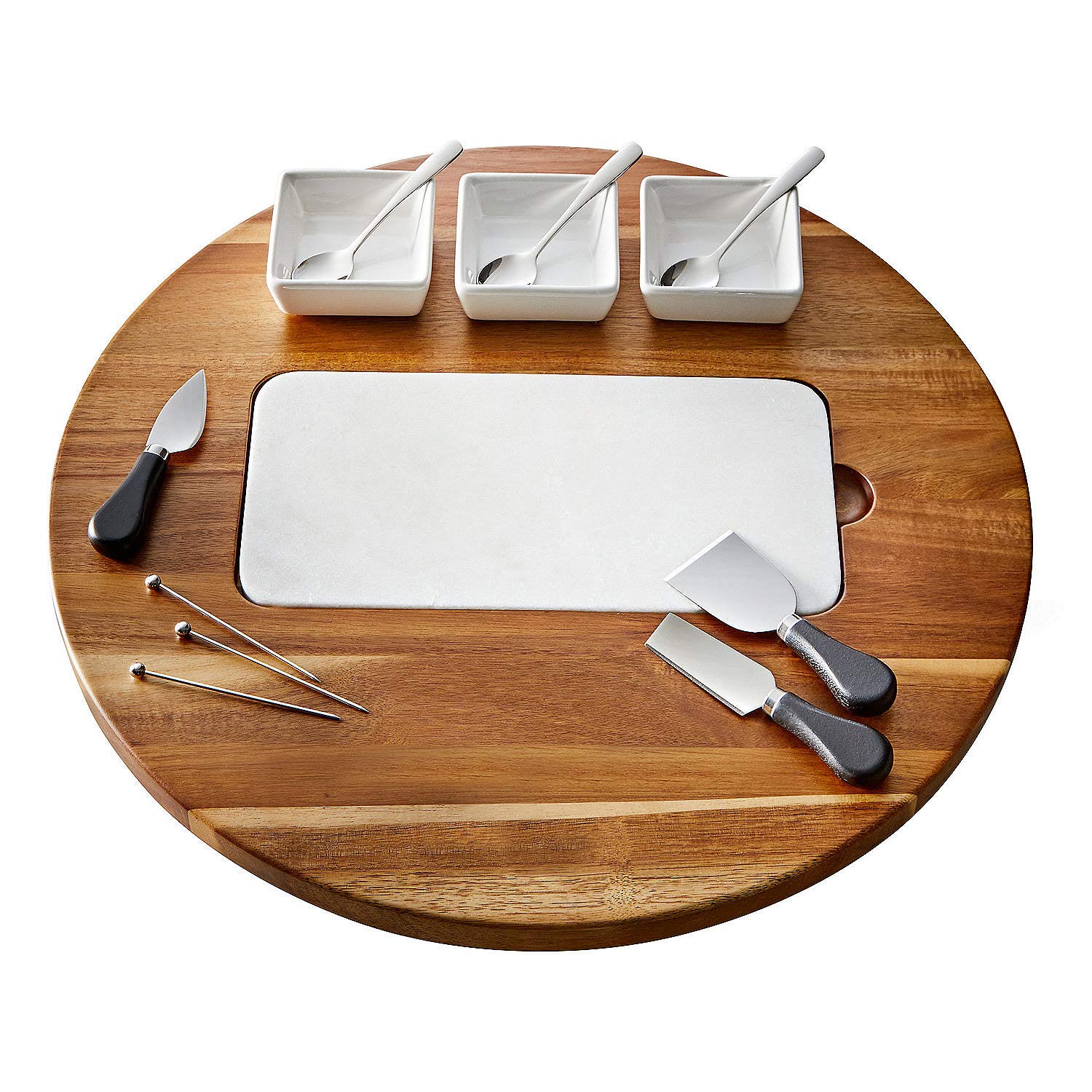 Premium Acacia Wood Lazy Susan Cheese Board Set with Removable Marble Cooling Insert - 14-Piece Kitchen & Dining Turntable with Cheese Knives - Perfect for Entertaining, Wine Pairings & Charcuterie Displays
