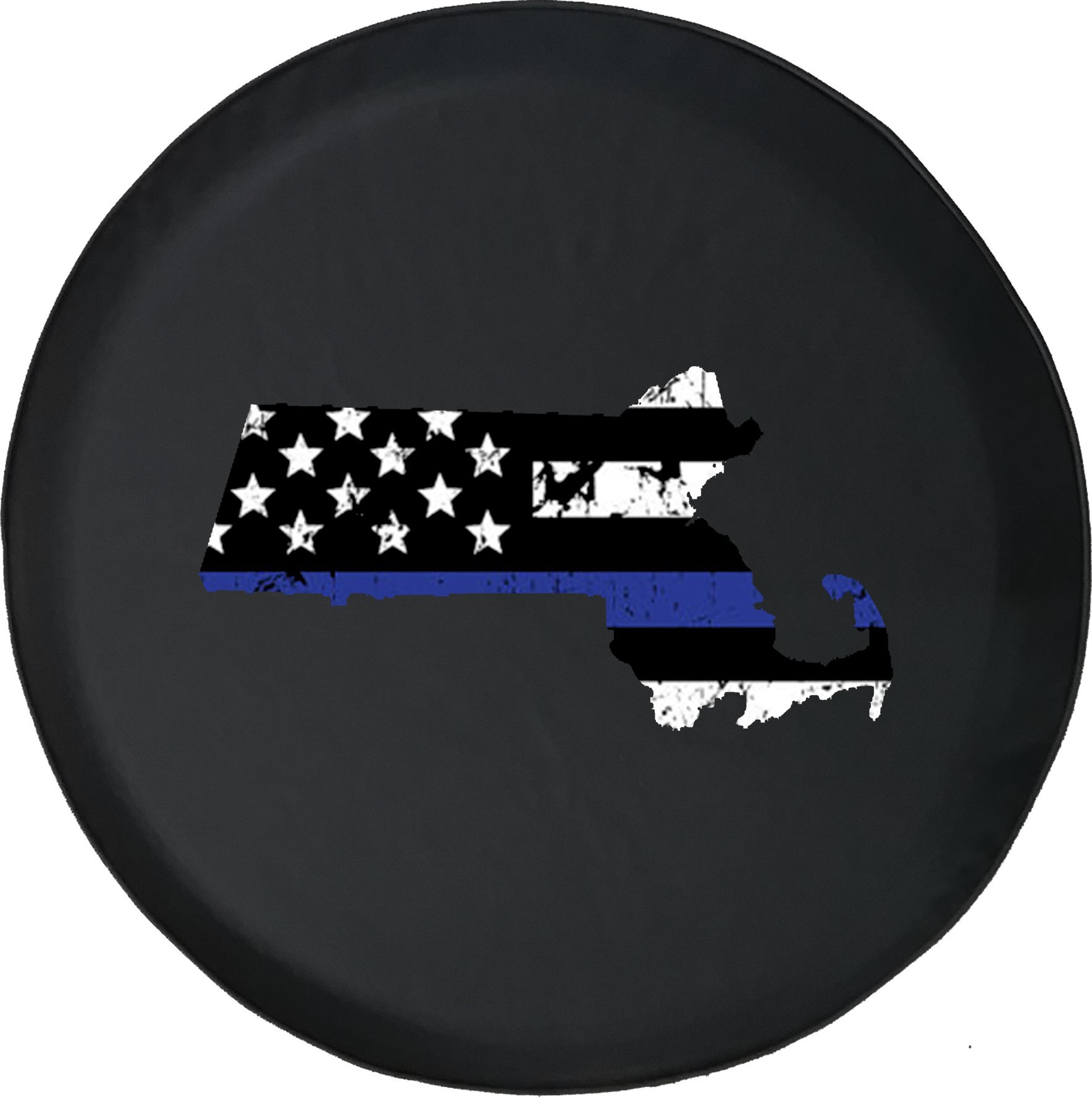 Thin Blue Line Distressed American Flag Spare Tire Cover - 28 Inch for Jeep, Truck & SUV | Heavy Duty Waterproof Tire Protector | Massachusetts Police & Firefighter Support
