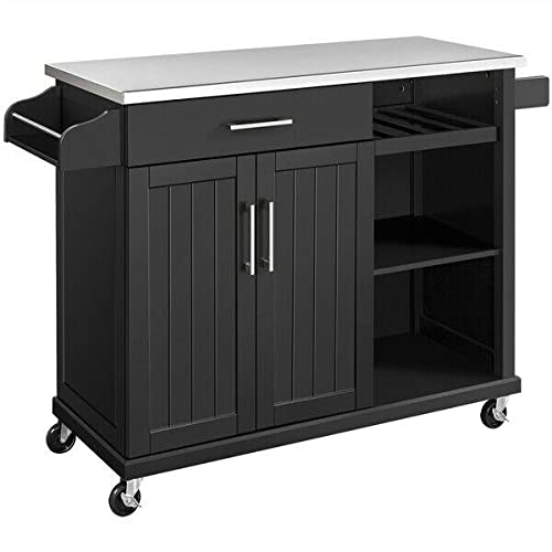 Stainless Steel Kitchen Island Cart with Storage, Wine Rack & Spice Rack - Mobile Kitchen Island Table for Small Spaces, Food Prep & Entertaining