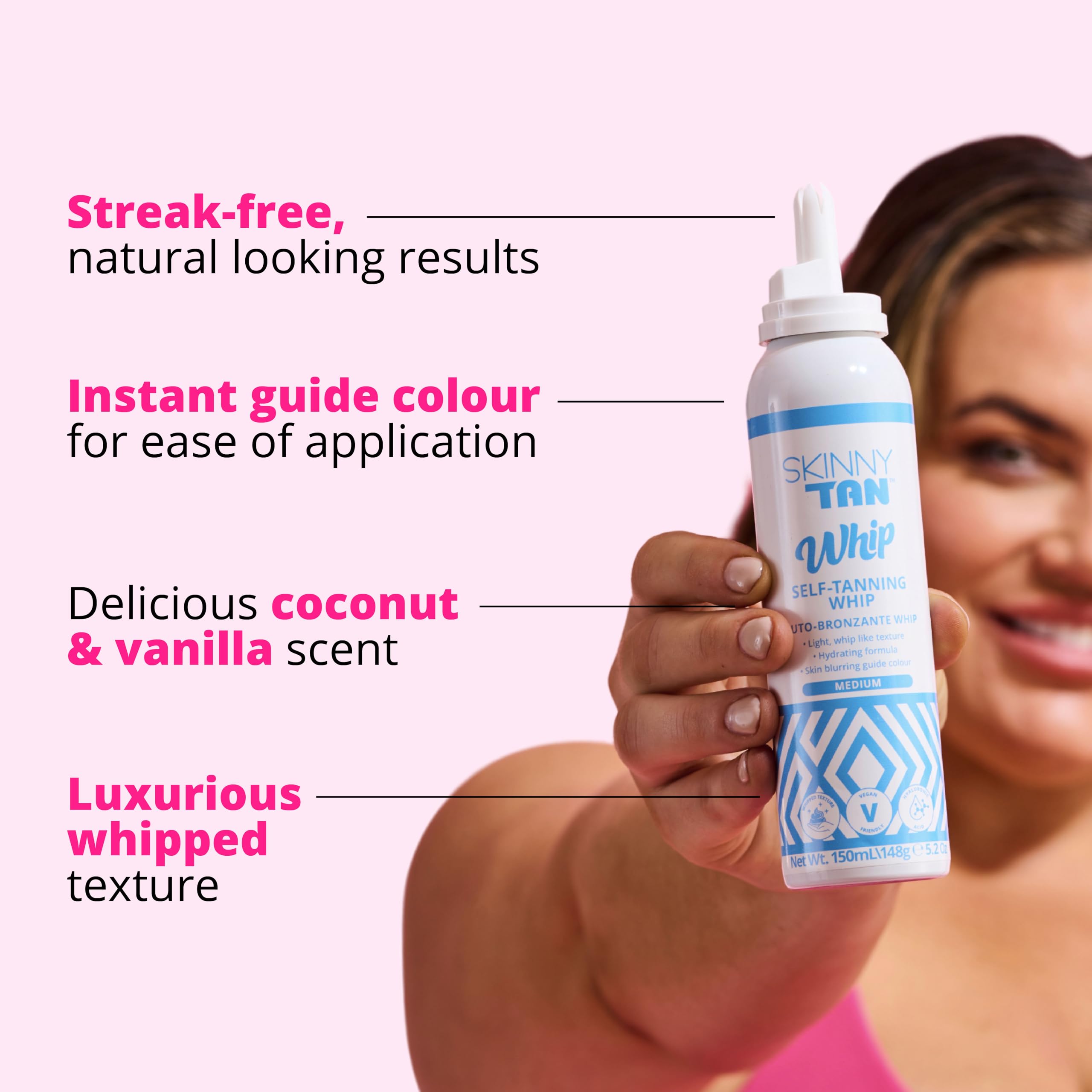 Skinny Tan Self Tanning Whip Medium - Instant Fake Tan Lotion for Streak-Free, Natural Glow | Vegan, Cruelty-Free & Paraben-Free Tanning Mousse with Coconut Vanilla Scent | Perfect for Beach Vacations, Weddings & Summer Tanning - 150ml