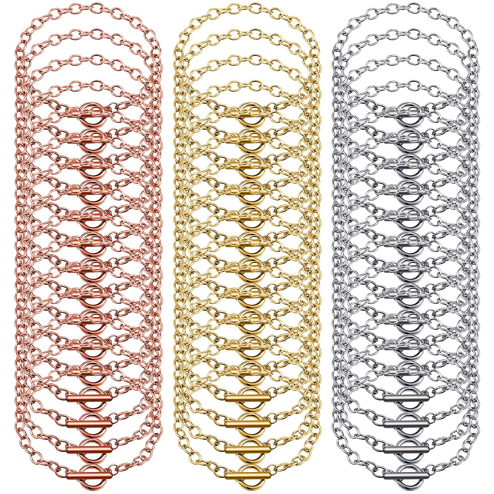 Hicarer 45 Pieces Stainless Steel Bracelet Chains with OT Toggle Clasp - DIY Jewelry Making Supplies for Women (Silver, Gold, Rose Gold) - Perfect for Necklace Extenders, Charm Bracelets & Handmade Jewelry Crafts