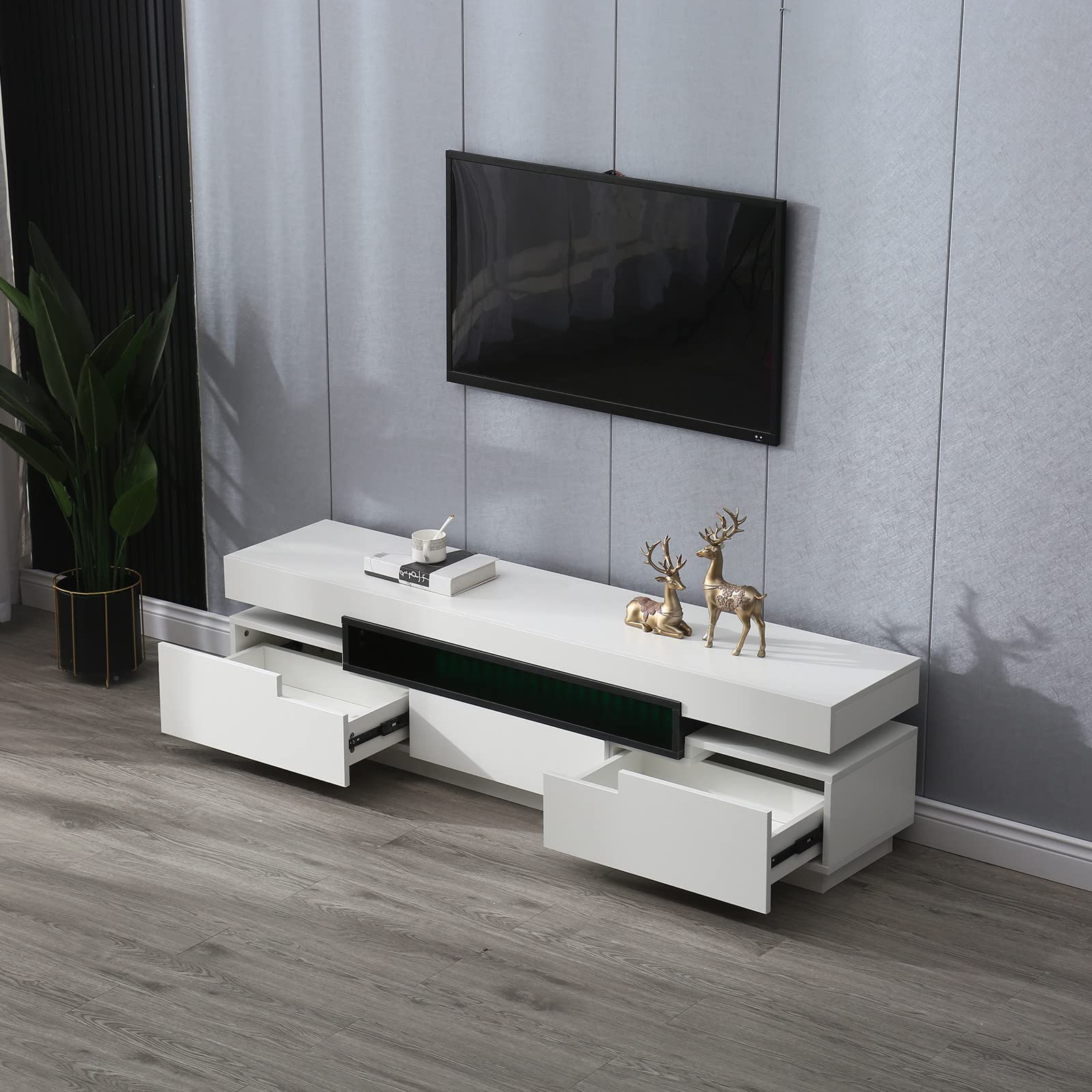 Modern High-Gloss RGB LED TV Stand with 3 Sliding Drawers - White Entertainment Center for Living Room & Bedroom (160x35x42cm) - Perfect for Gaming Setups, Home Theater Systems & Massage Shoe Storage