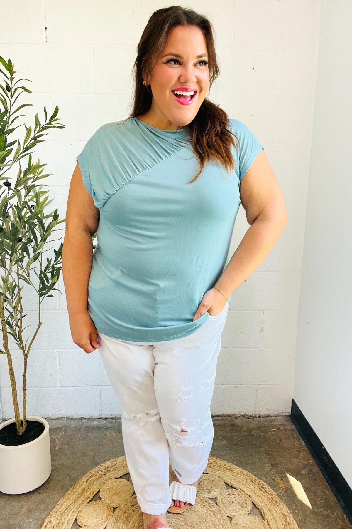 Stylish Aqua Blue Asymmetrical Ruffle Drop Shoulder Modal Blouse for Women | Comfortable & Breathable Summer Top | Perfect for Casual Outings, Beach Vacations & Date Nights