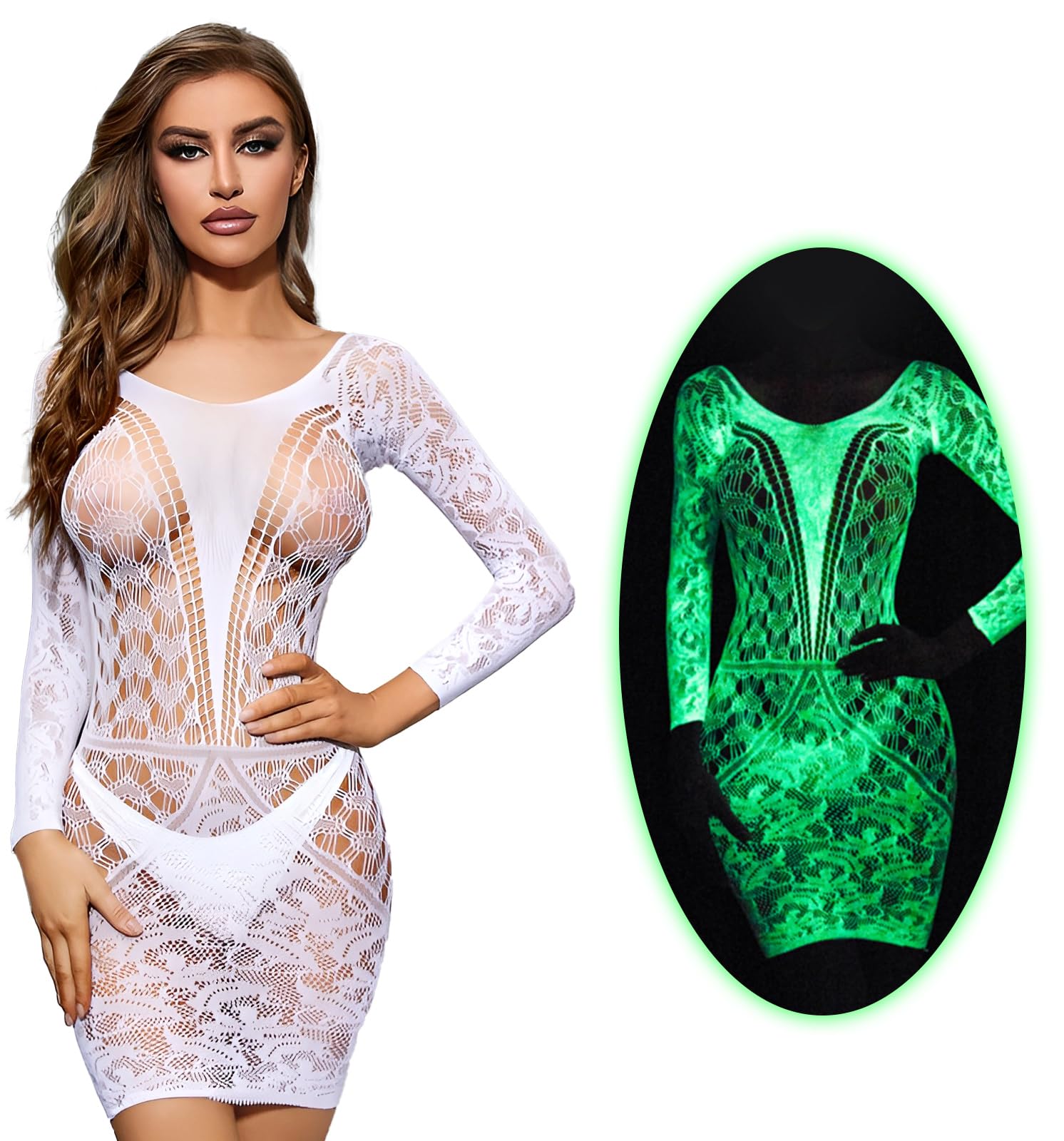 DTWAWA Glow in the Dark Fishnet Stockings & Bodysuit - Sexy White Lingerie for Women, Halloween Costume, Club Party Outfit, Cosplay, Nightwear