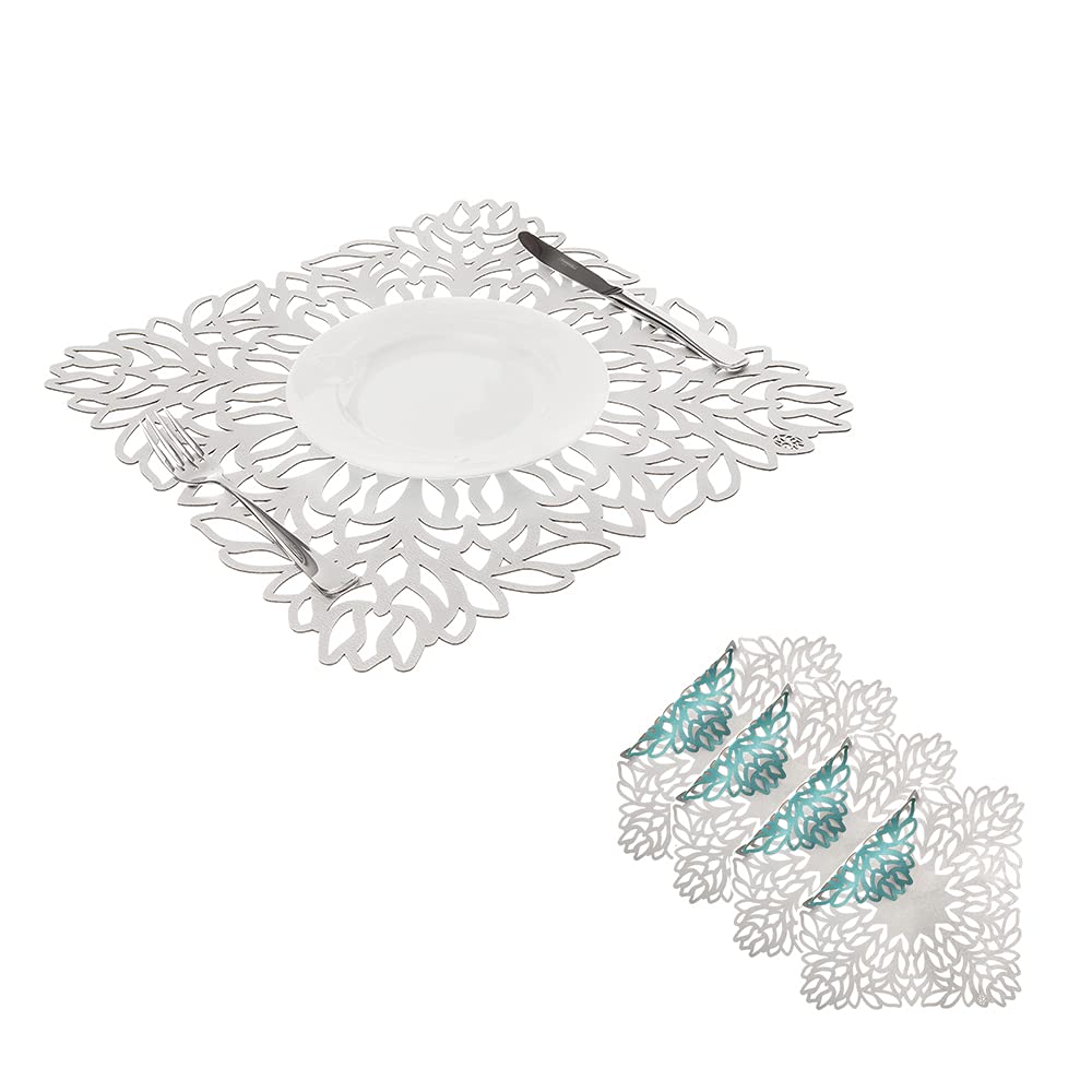 Mijal Gleiser Double Sided Heat Resistant Non-Slip Placemats Set of 4 - Laser Cut Stain Resistant Table Mats for Dining, Kitchen & Home Decor (Sea Flower Collection, Silver-Turquoise)