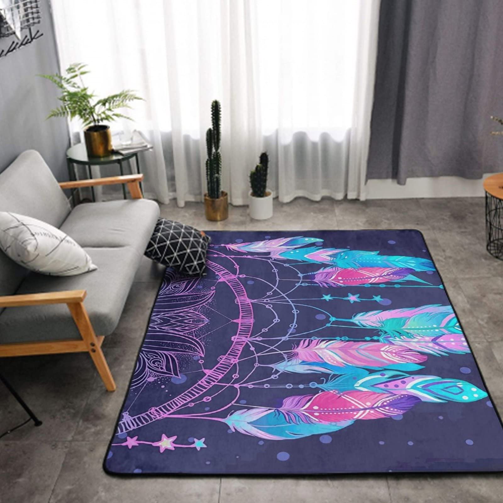 Non-Slip Memory Foam Bohemian Dream Catcher Feather Area Rugs - Soft Flannel Decorative Floor Mat for Bedroom & Living Room, Durable Play Carpet for Kids, Machine Washable - Perfect for Cozy Home Decor and Children's Play Areas