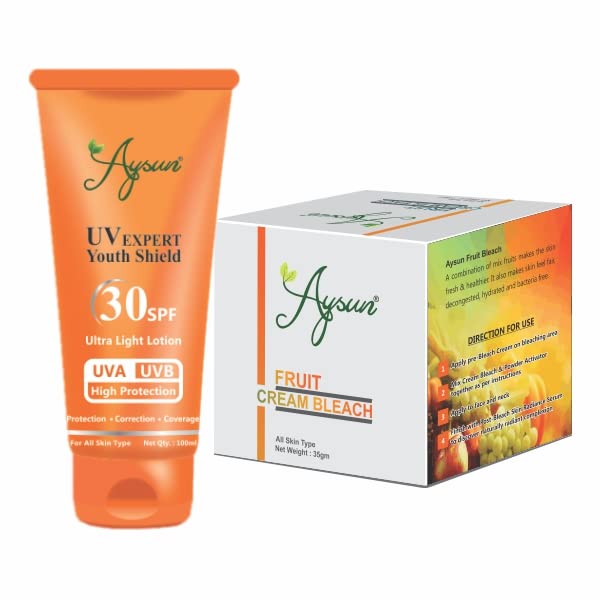 AYSUN Combo Pack - UV Expert Youth Shield SPF 30 Sunscreen & Fruit Cream Bleach (35g x 2) | Daily Sun Protection & Skin Brightening for Face & Body | Perfect for Beach, Outdoor Activities & Skincare Routine