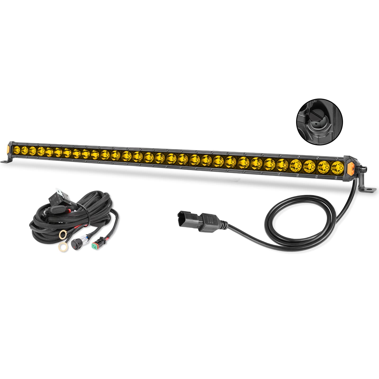 30 Inch 150W Amber Single Row LED Light Bar - Super Bright Slim Off-Road Driving Light with Wiring Harness - Waterproof Fog Lights for Trucks, SUVs, ATVs, UTVs & Boats - Perfect for Night Off-Roading, Camping & Emergency Lighting